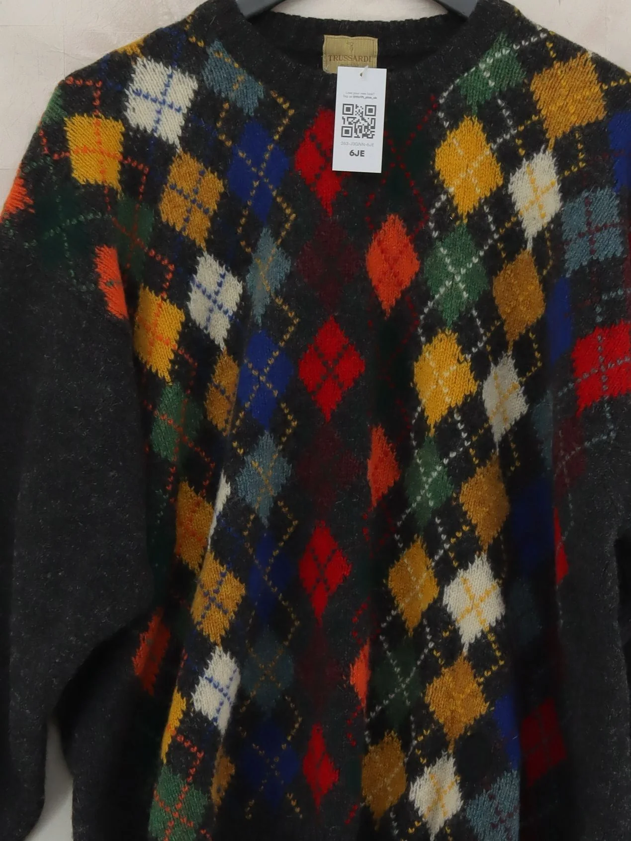 Trussardi Men's Jumper L Multi Argyle 100% Wool Round Neck Pullover - Image 3