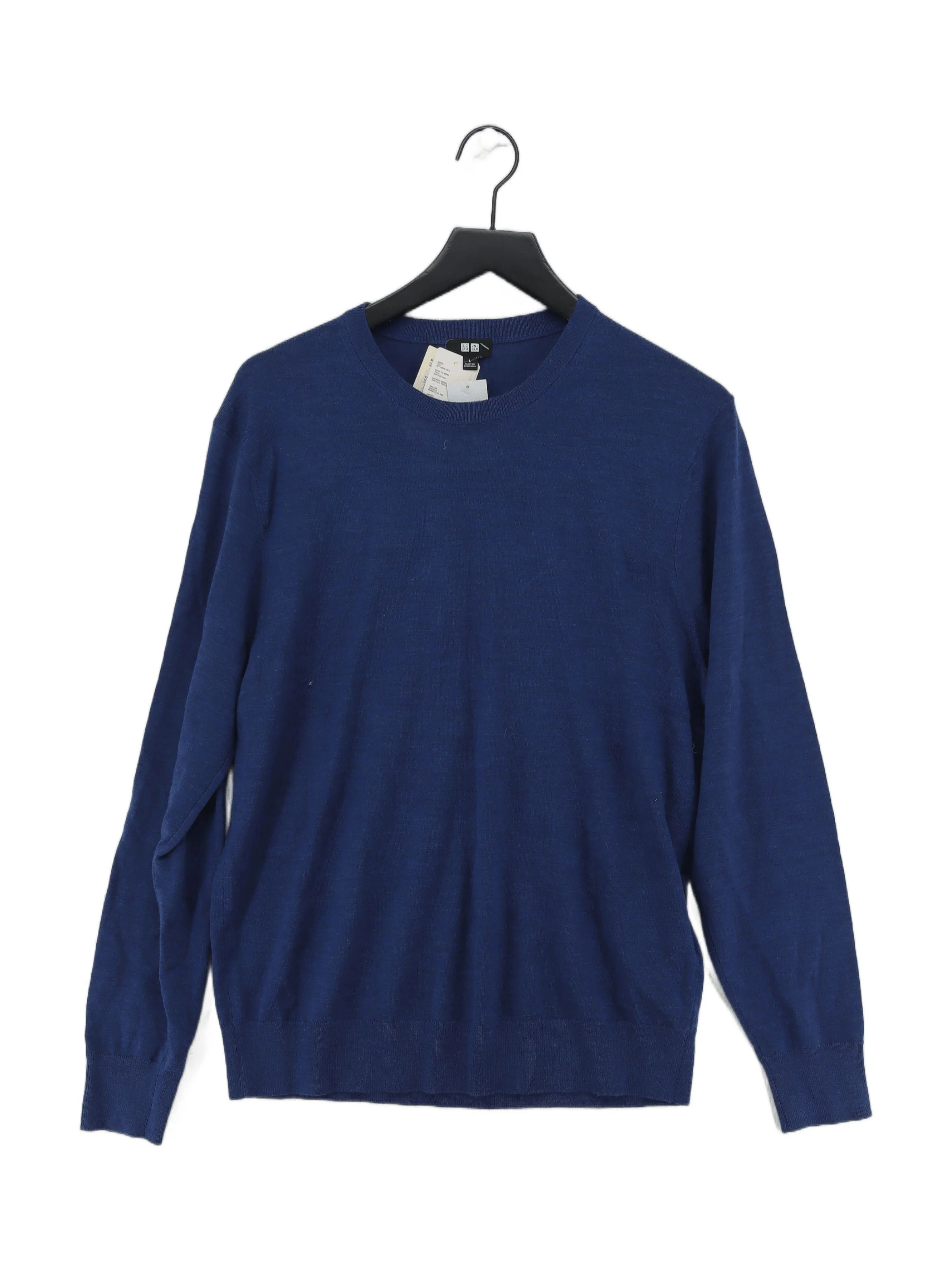 Uniqlo Men's Jumper L Blue 100% Wool Crew Neck Pullover New with tags