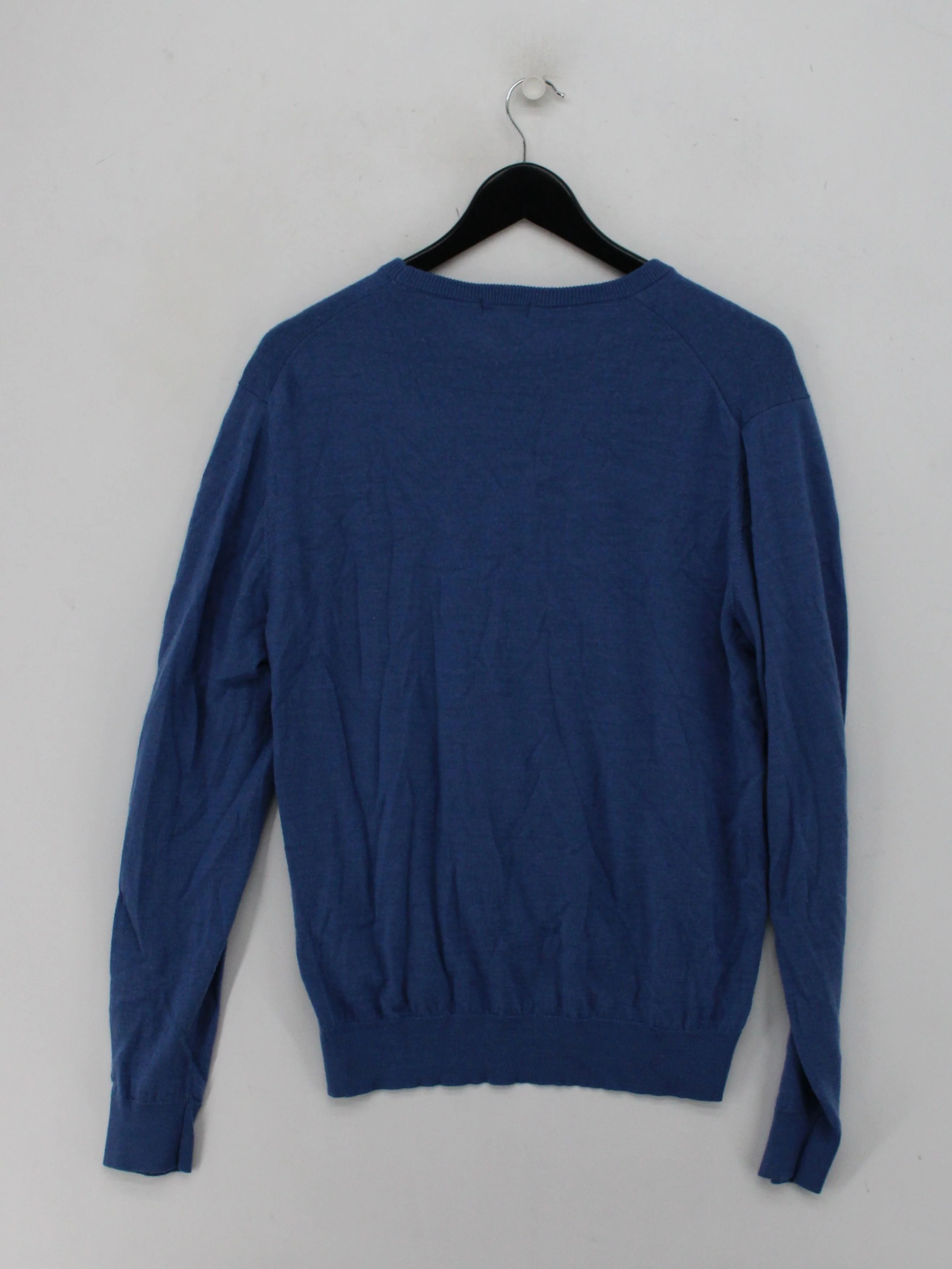 Uniqlo Men's Jumper M Blue 100% Wool Round Neck Pullover - Image 2
