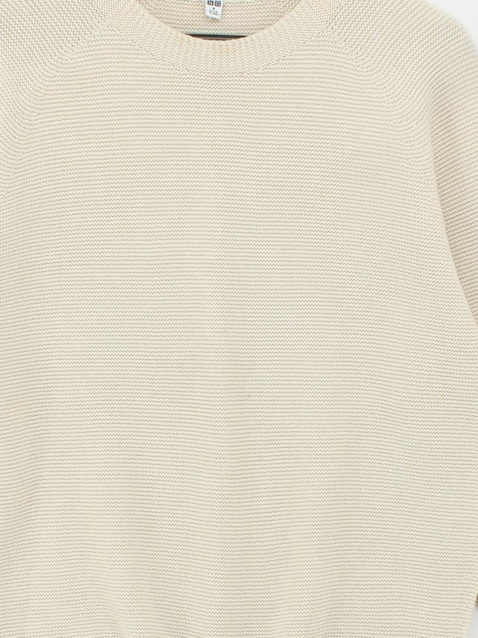 Uniqlo Men's Jumper M Cream Acrylic with Cotton Crew Neck Pullover - Image 3