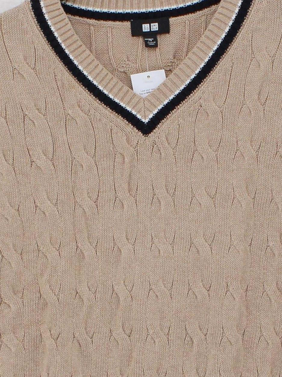 Uniqlo Men's Jumper S Tan Cotton with Nylon V-Neck Vest - Image 3