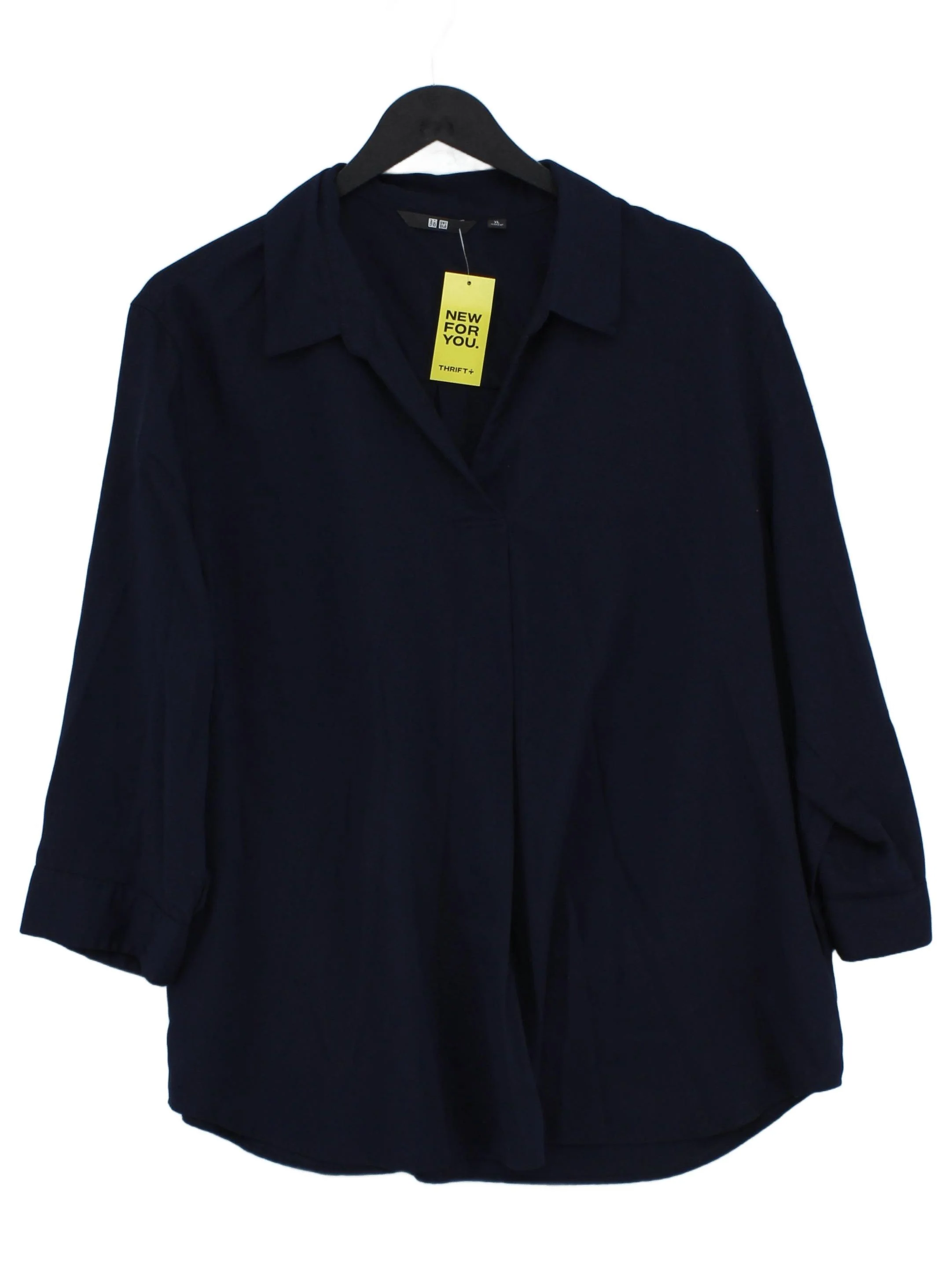 Uniqlo Women's Blouse XL Blue Viscose with Polyester 3/4 Sleeve Collared Basic