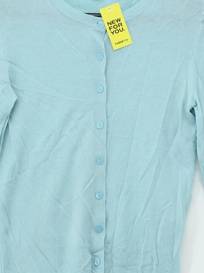 Uniqlo Women's Cardigan XS Blue 100% Wool Round Neck Cardigan - Image 3