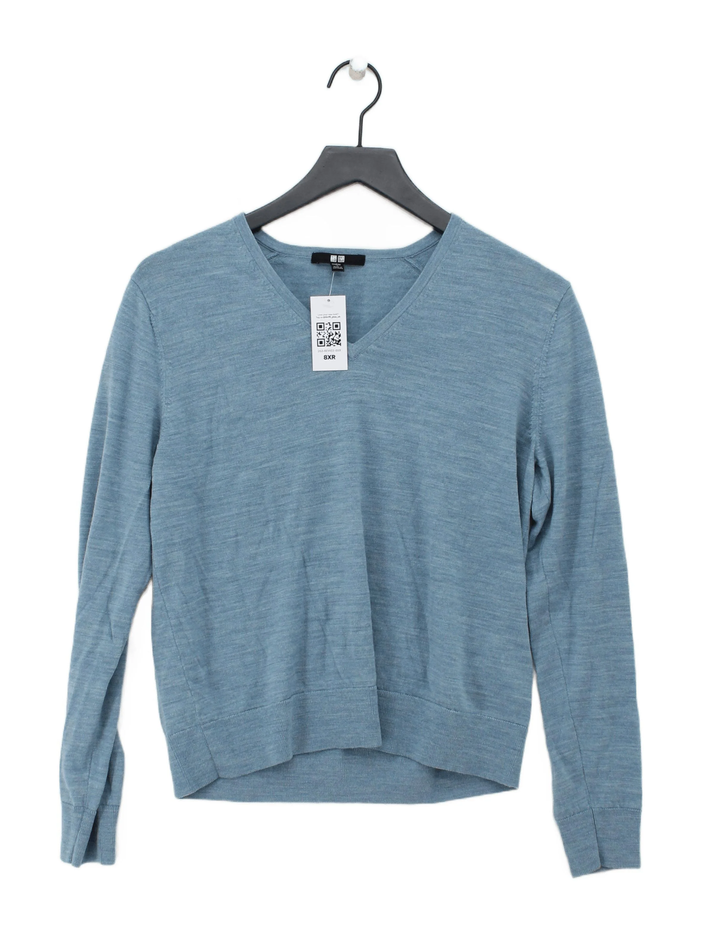 Uniqlo Women's Jumper L Blue 100% Wool V-Neck Pullover