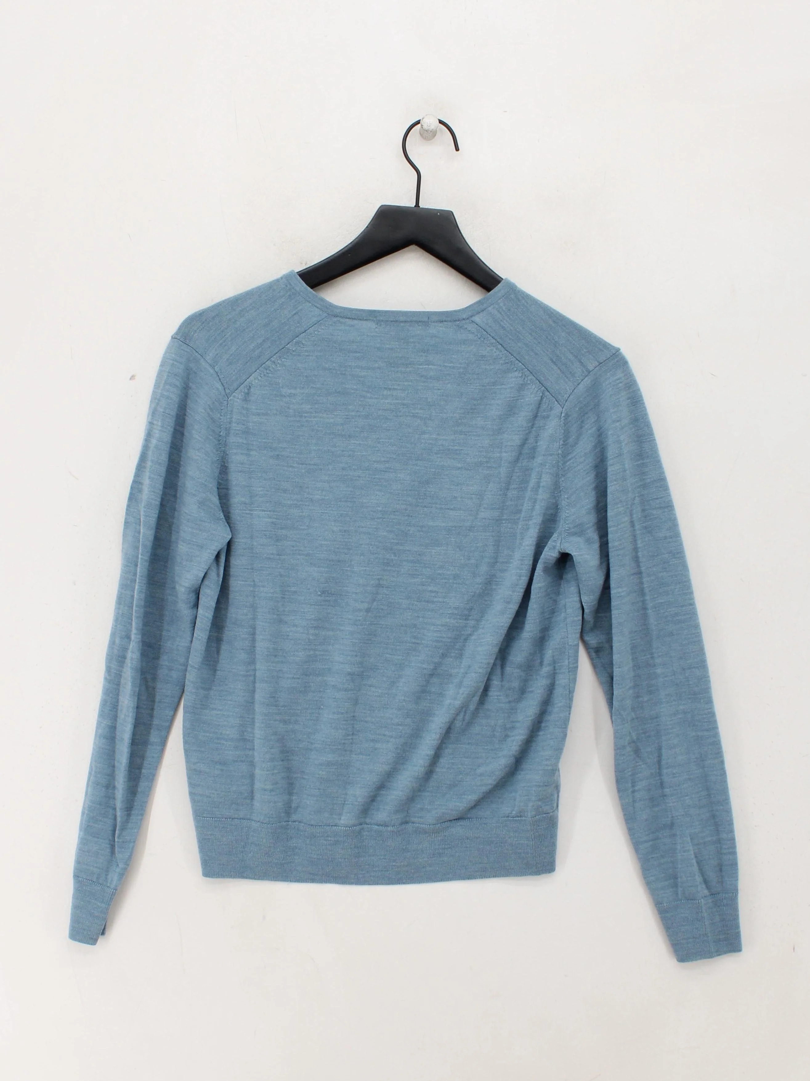 Uniqlo Women's Jumper L Blue 100% Wool V-Neck Pullover - Image 2