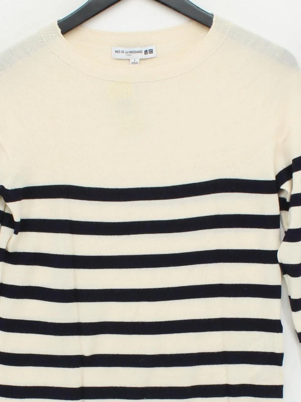 Uniqlo Women's Jumper S Cream Striped 100% Wool Crew Neck Pullover - Image 3
