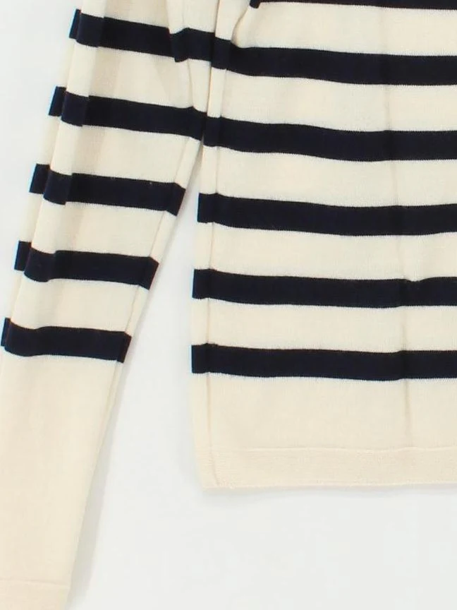 Uniqlo Women's Jumper S Cream Striped 100% Wool Crew Neck Pullover - Image 4