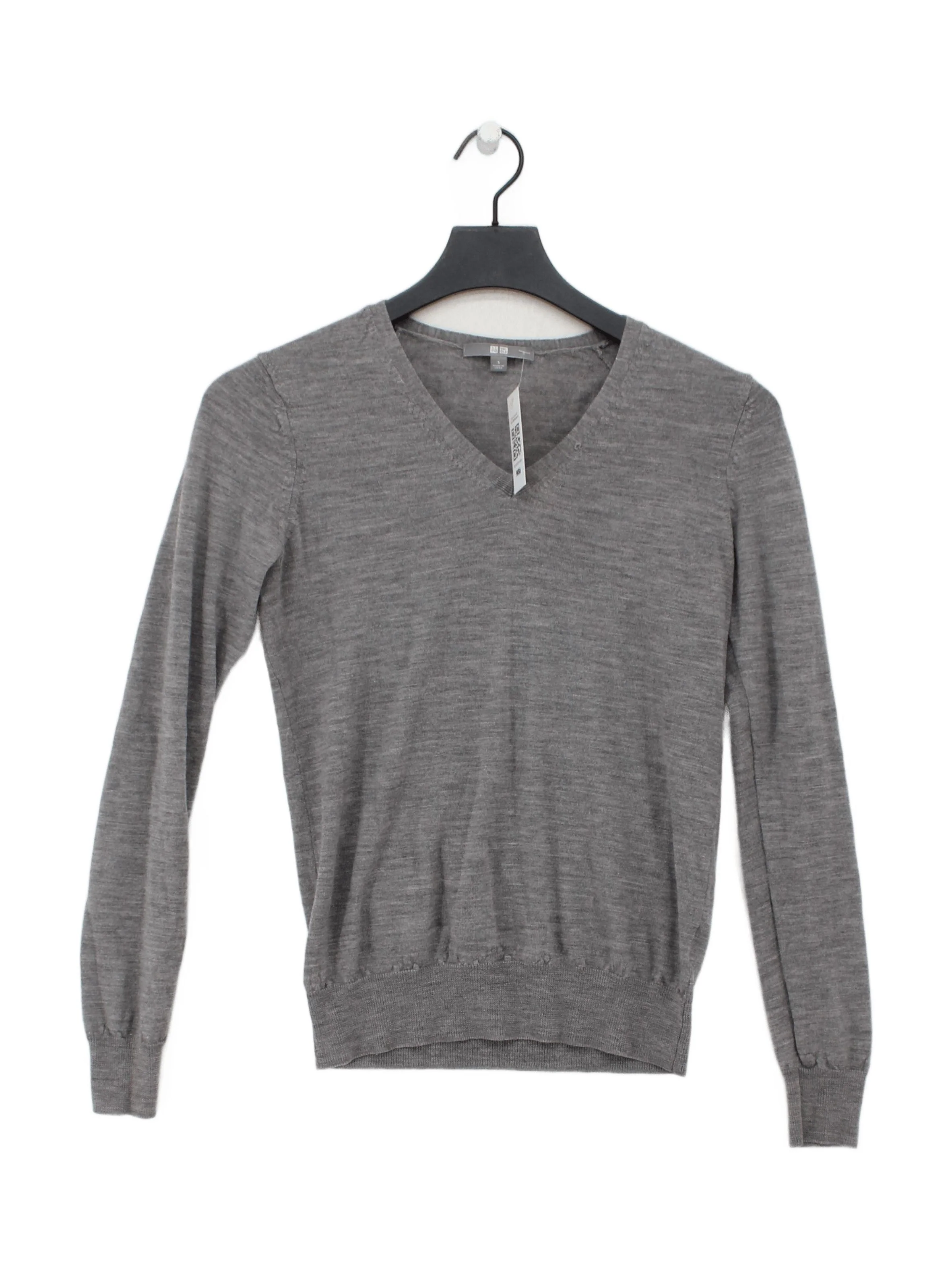 Uniqlo Women's Jumper S Grey 100% Wool V-Neck Pullover