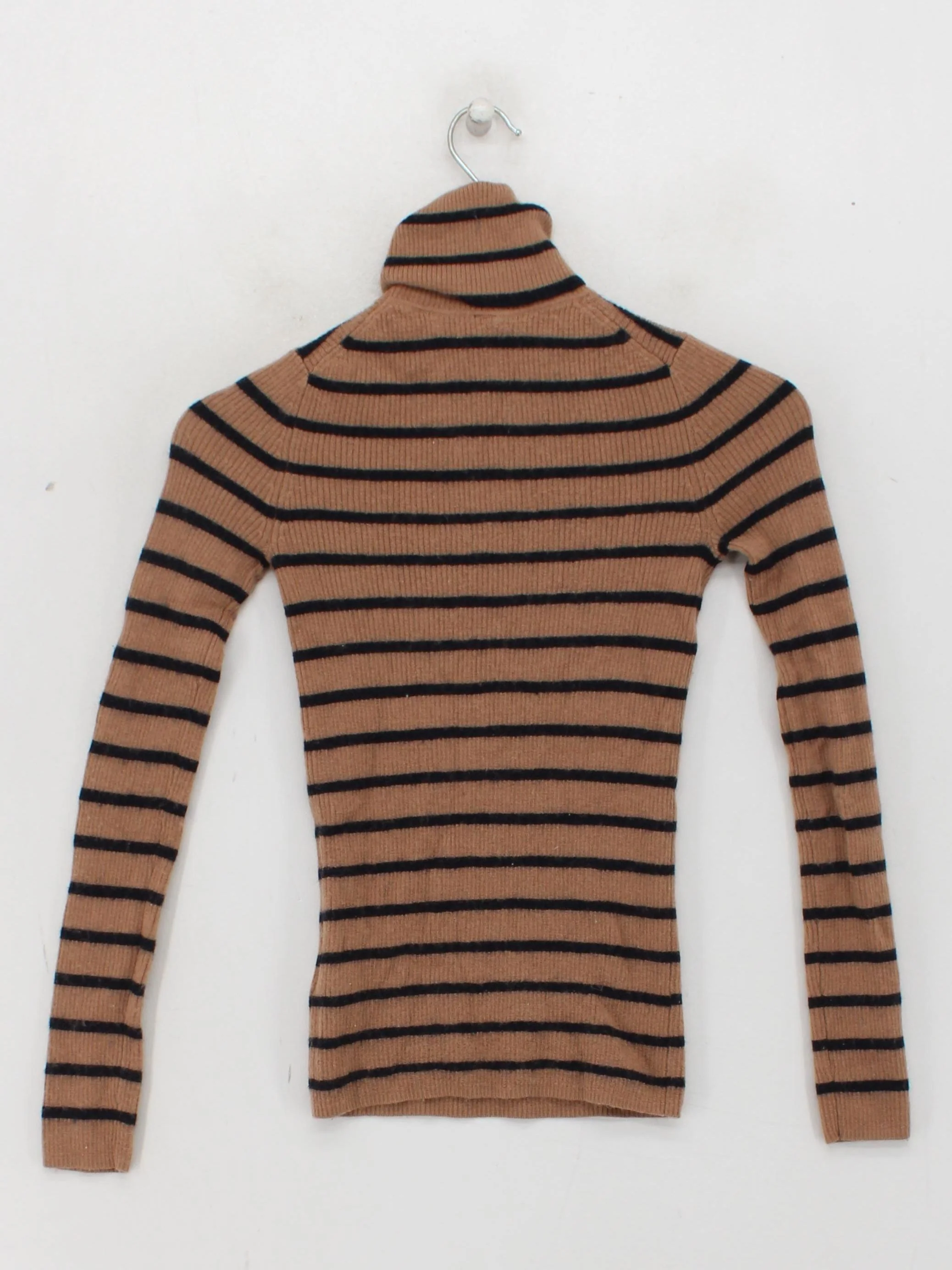 Uniqlo Women's Jumper XS Brown Striped 100% Wool Roll Neck Pullover - Image 2