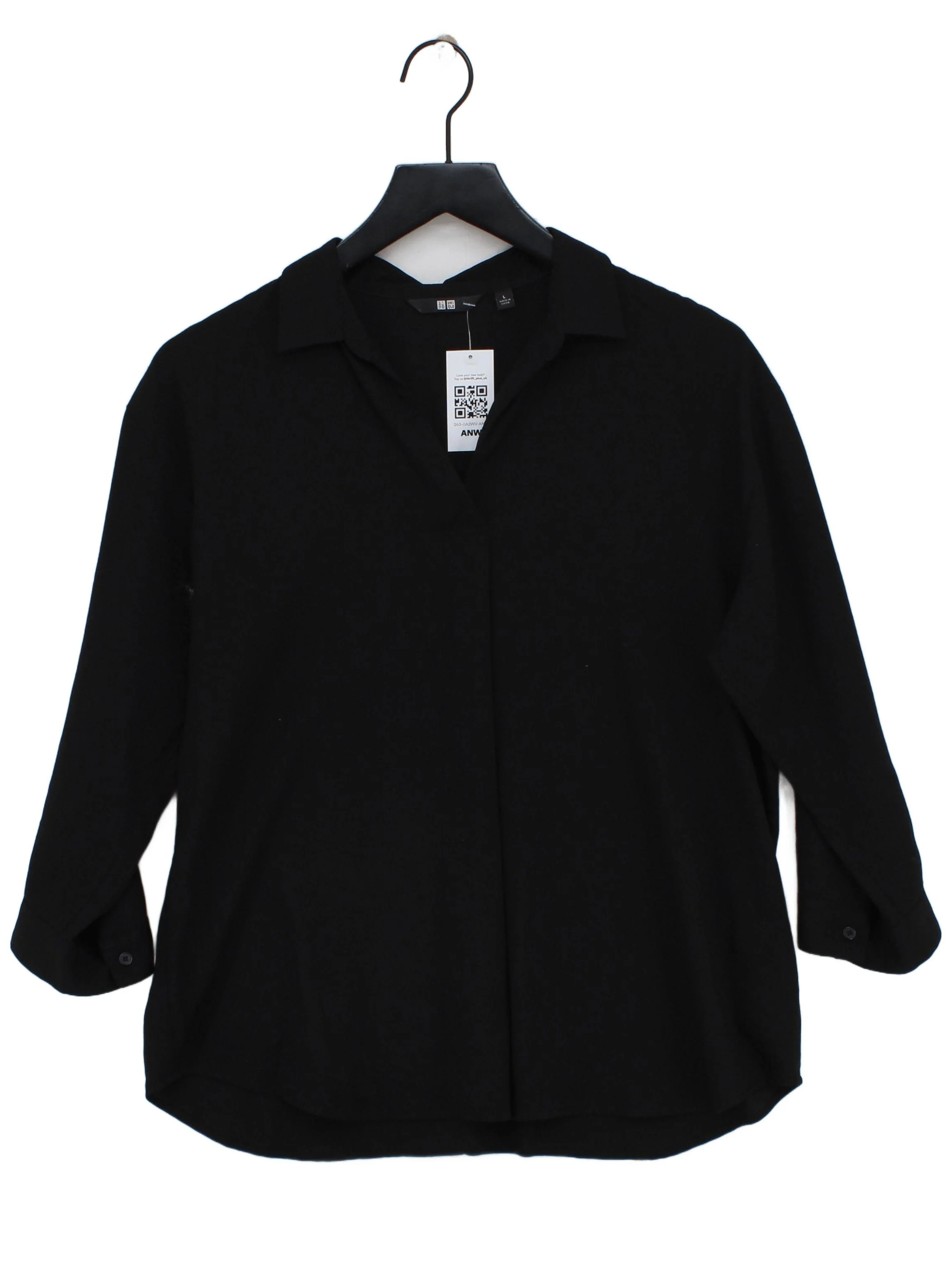 Uniqlo Women's Shirt L Black Viscose with Polyester 3/4 Sleeve Collared Basic
