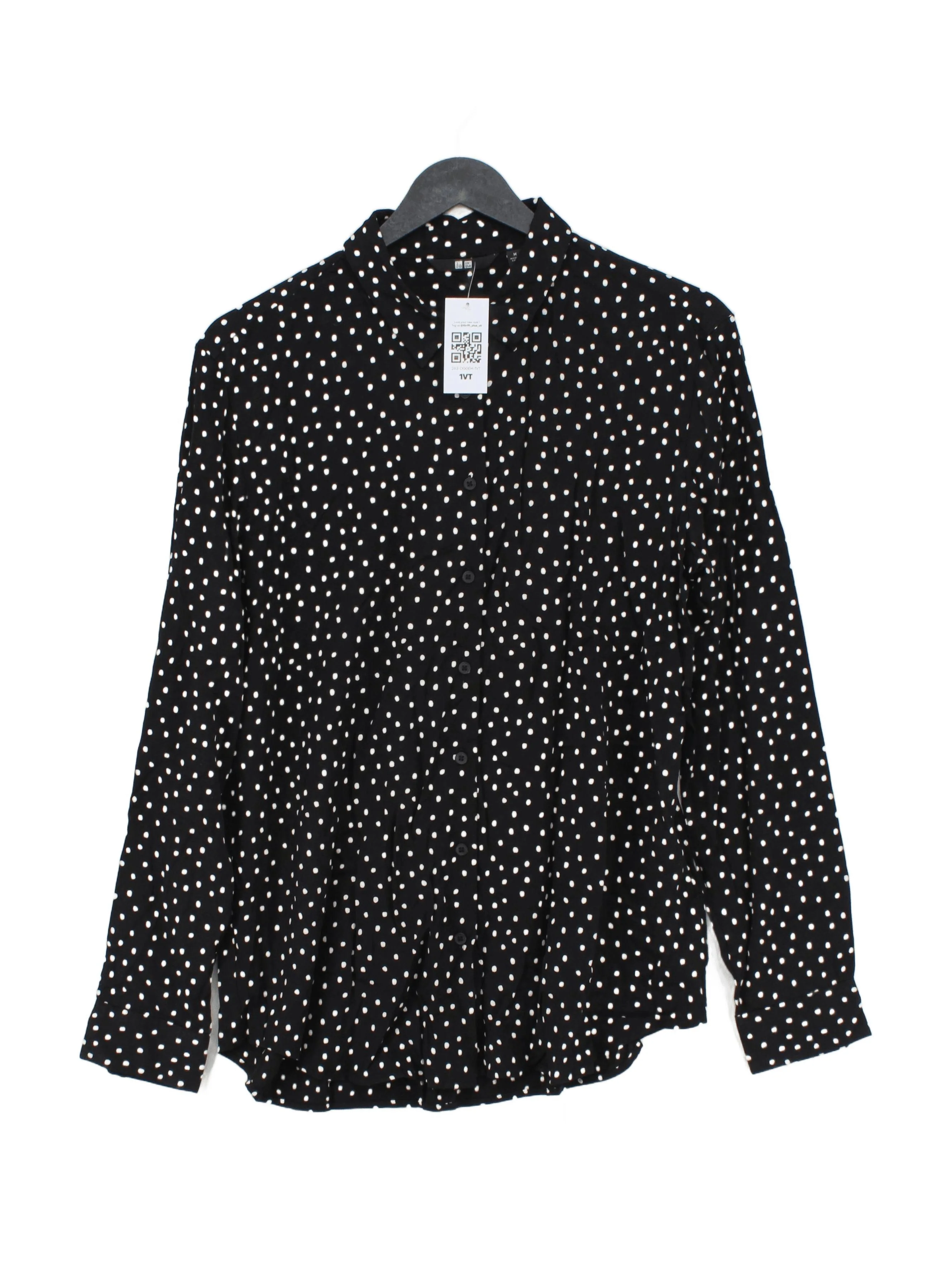 Uniqlo Women's Shirt M Black Polkadot 100% Viscose Long Sleeve Collared Basic