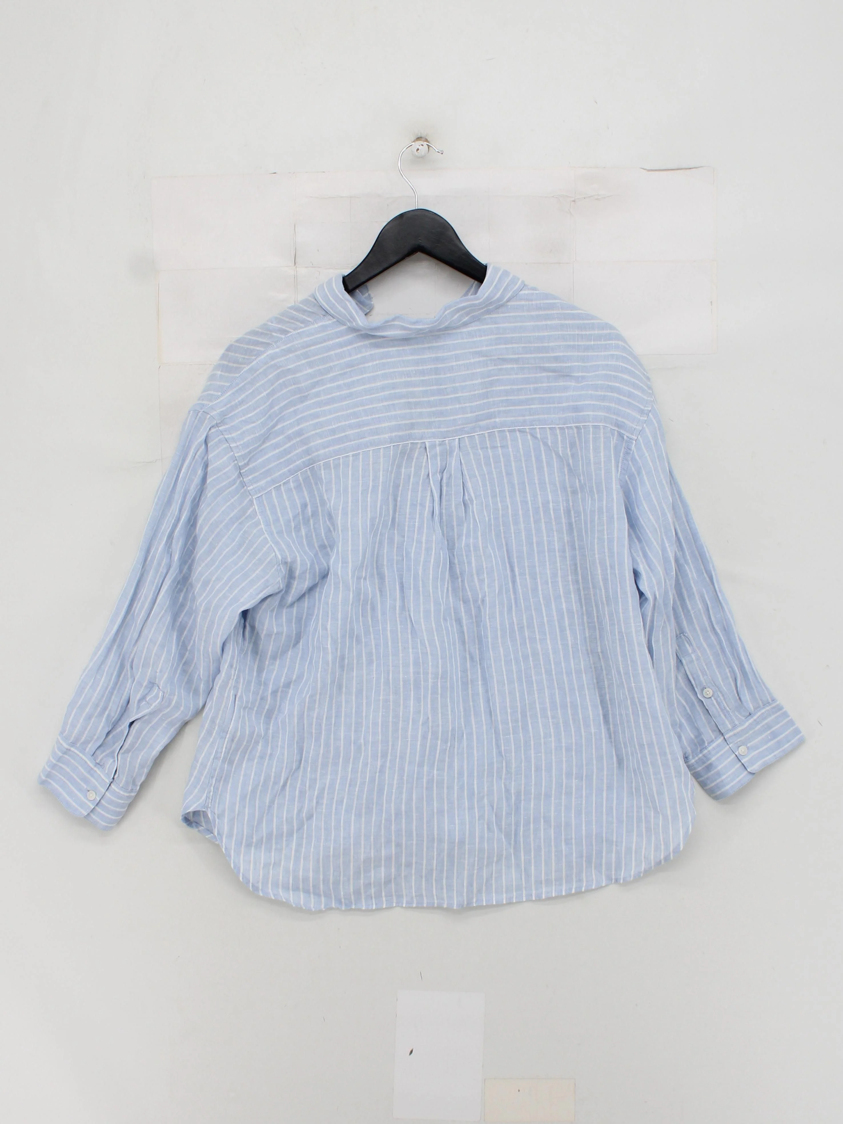Uniqlo Women's Shirt M Blue Striped 100% Linen 3/4 Sleeve V-Neck Basic - Image 2
