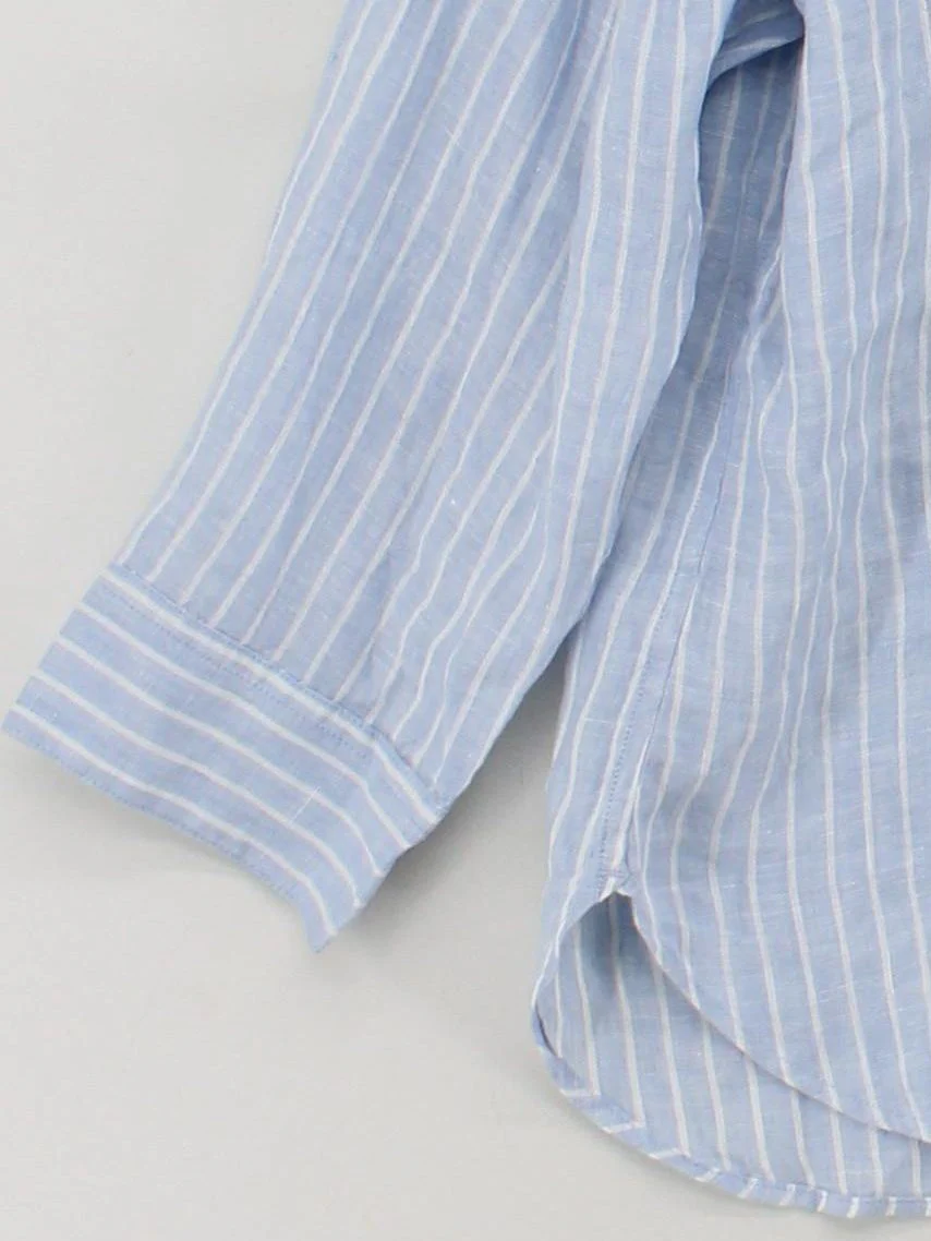 Uniqlo Women's Shirt M Blue Striped 100% Linen 3/4 Sleeve V-Neck Basic - Image 4