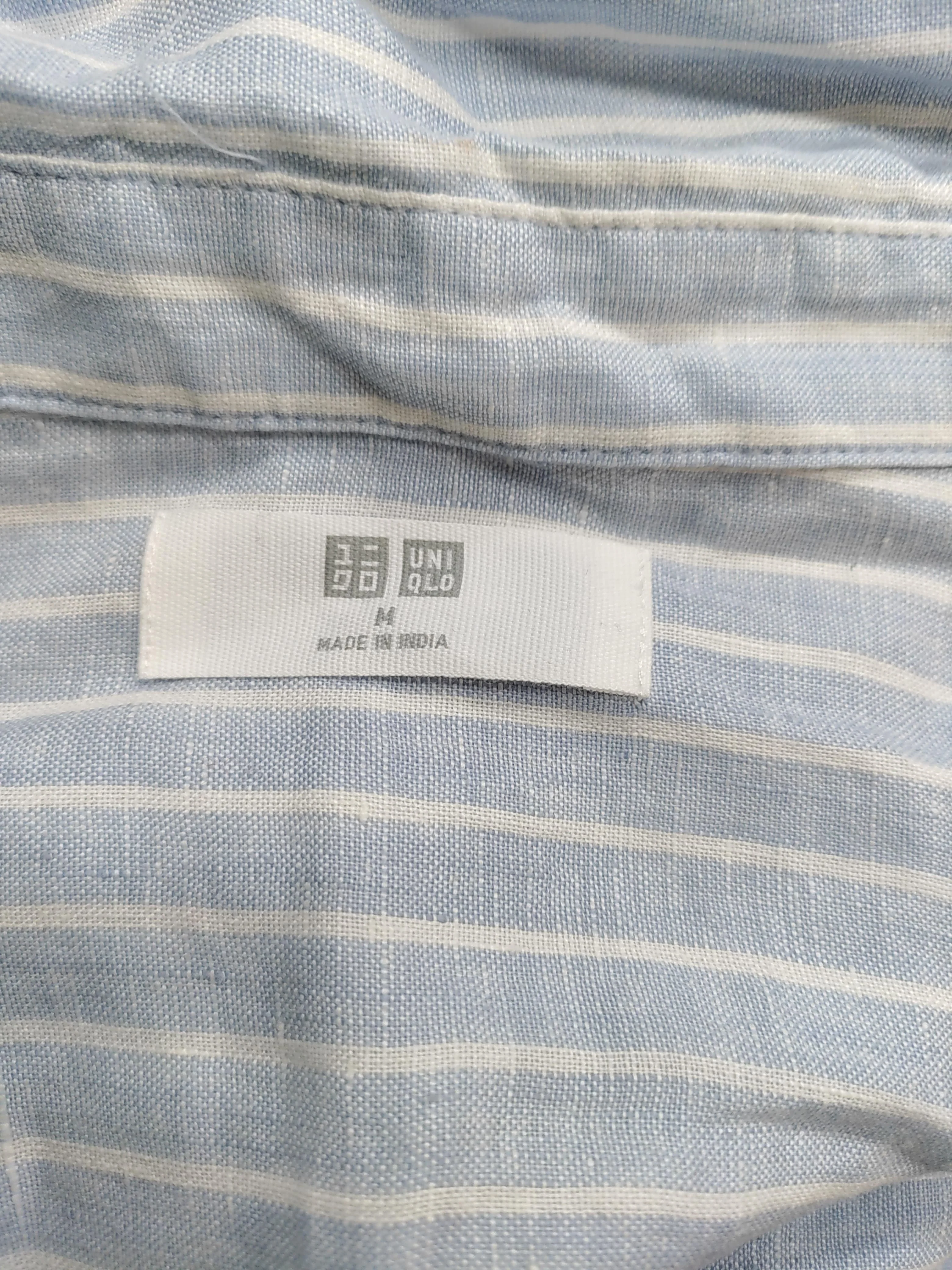 Uniqlo Women's Shirt M Blue Striped 100% Linen 3/4 Sleeve V-Neck Basic - Image 5