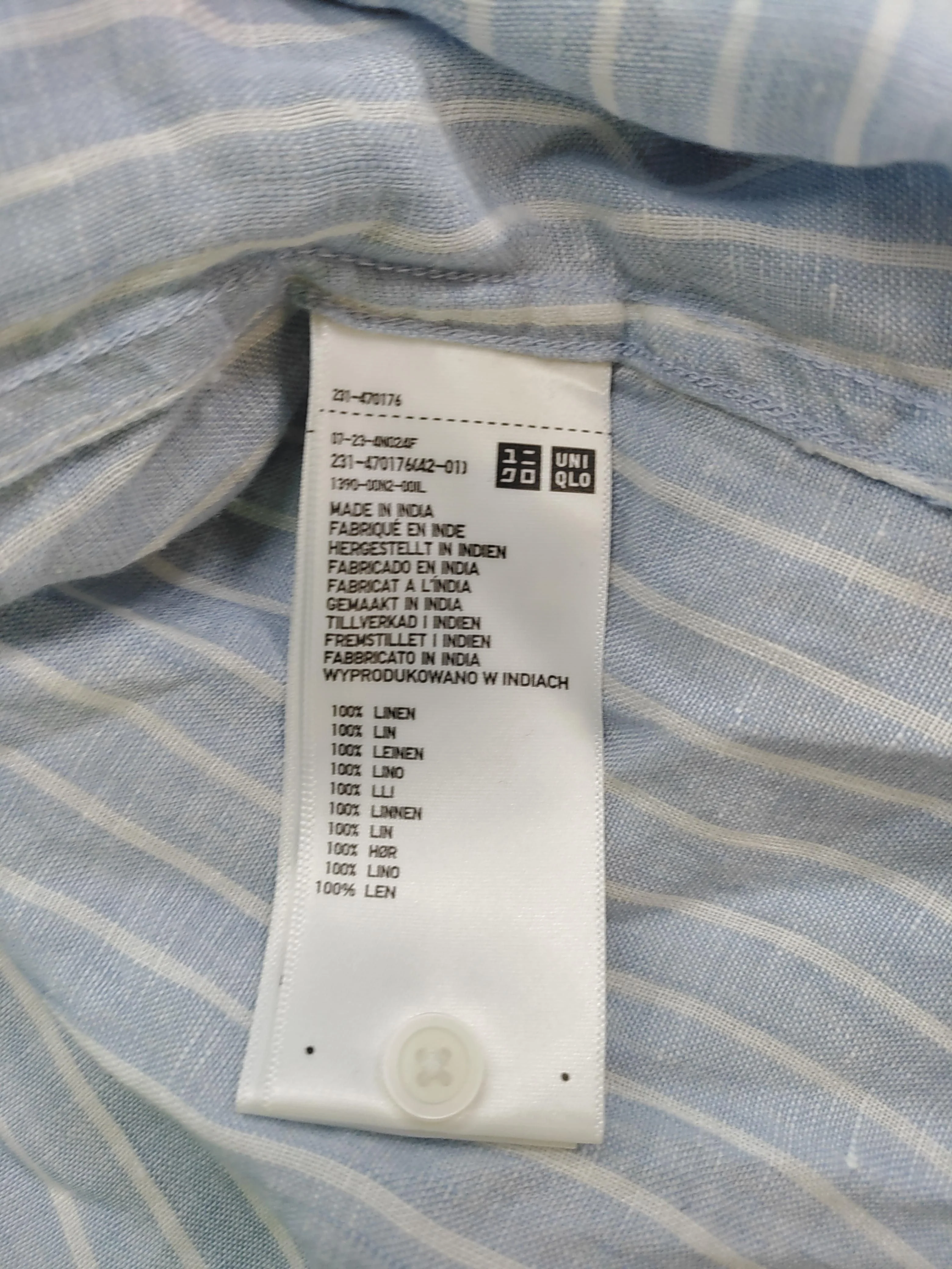 Uniqlo Women's Shirt M Blue Striped 100% Linen 3/4 Sleeve V-Neck Basic - Image 6