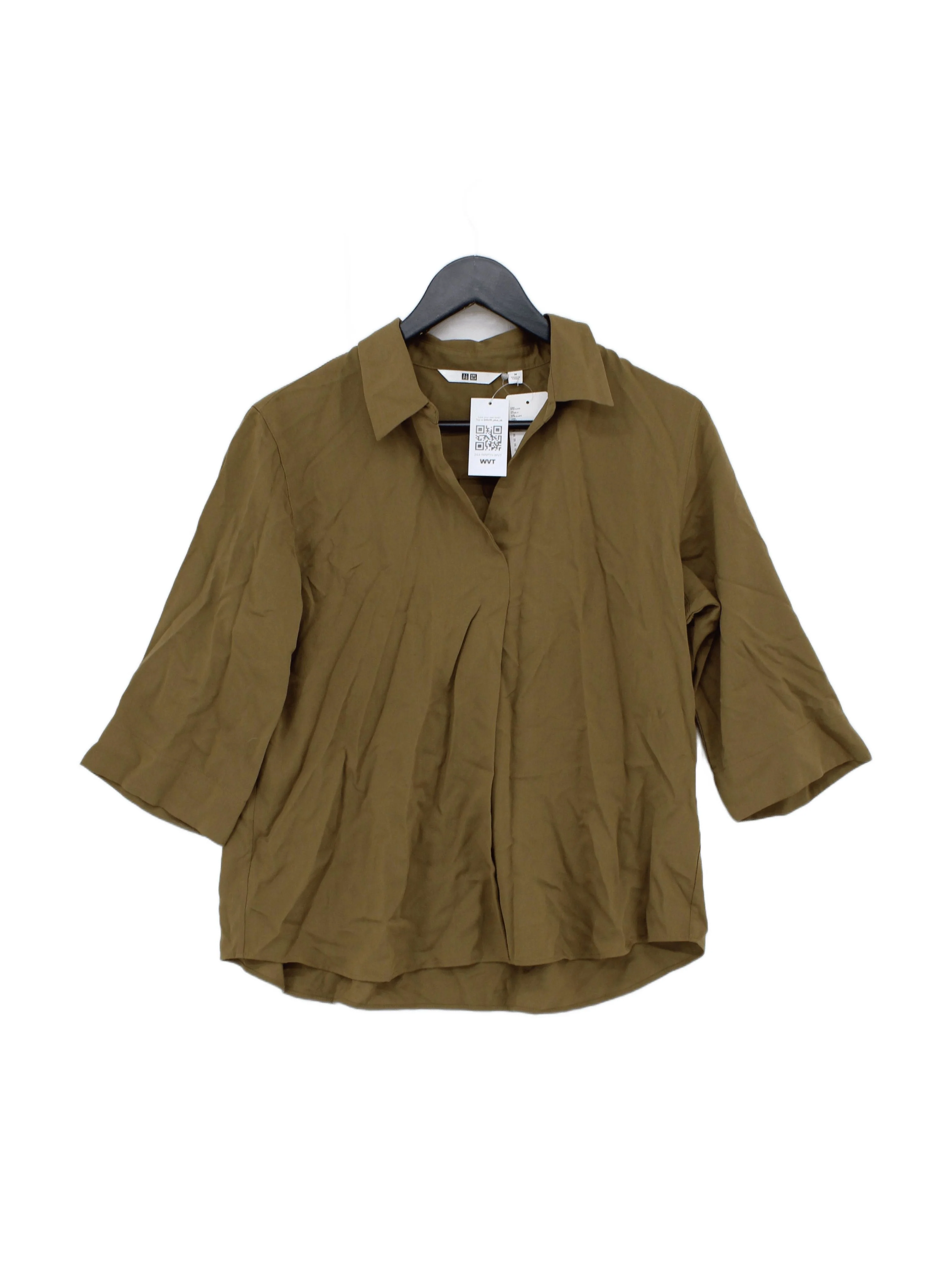 Uniqlo Women's Shirt M Brown Viscose with Polyester 3/4 Sleeve V-Neck Basic