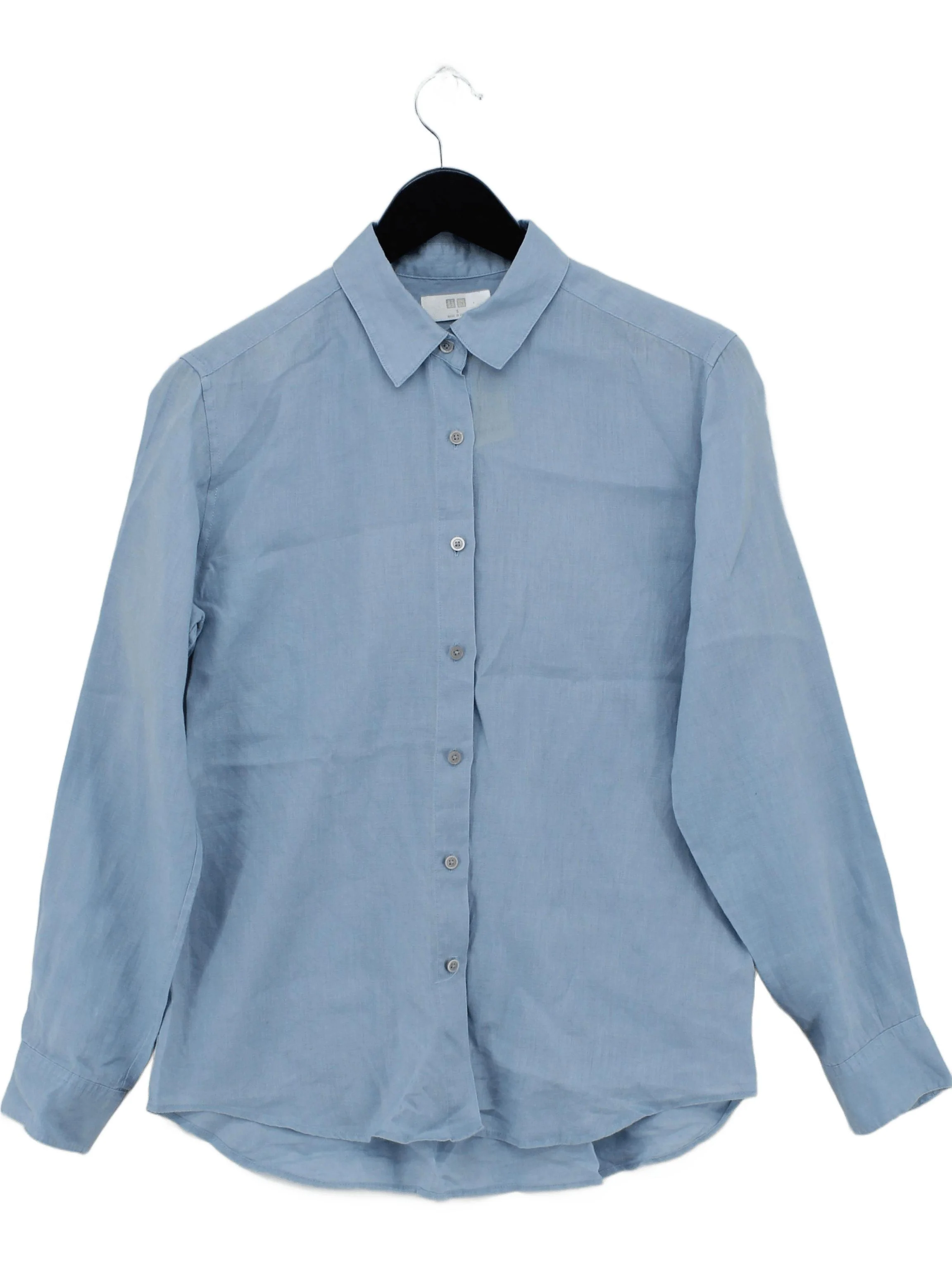 Uniqlo Women's Shirt S Blue 100% Linen Long Sleeve Collared Basic