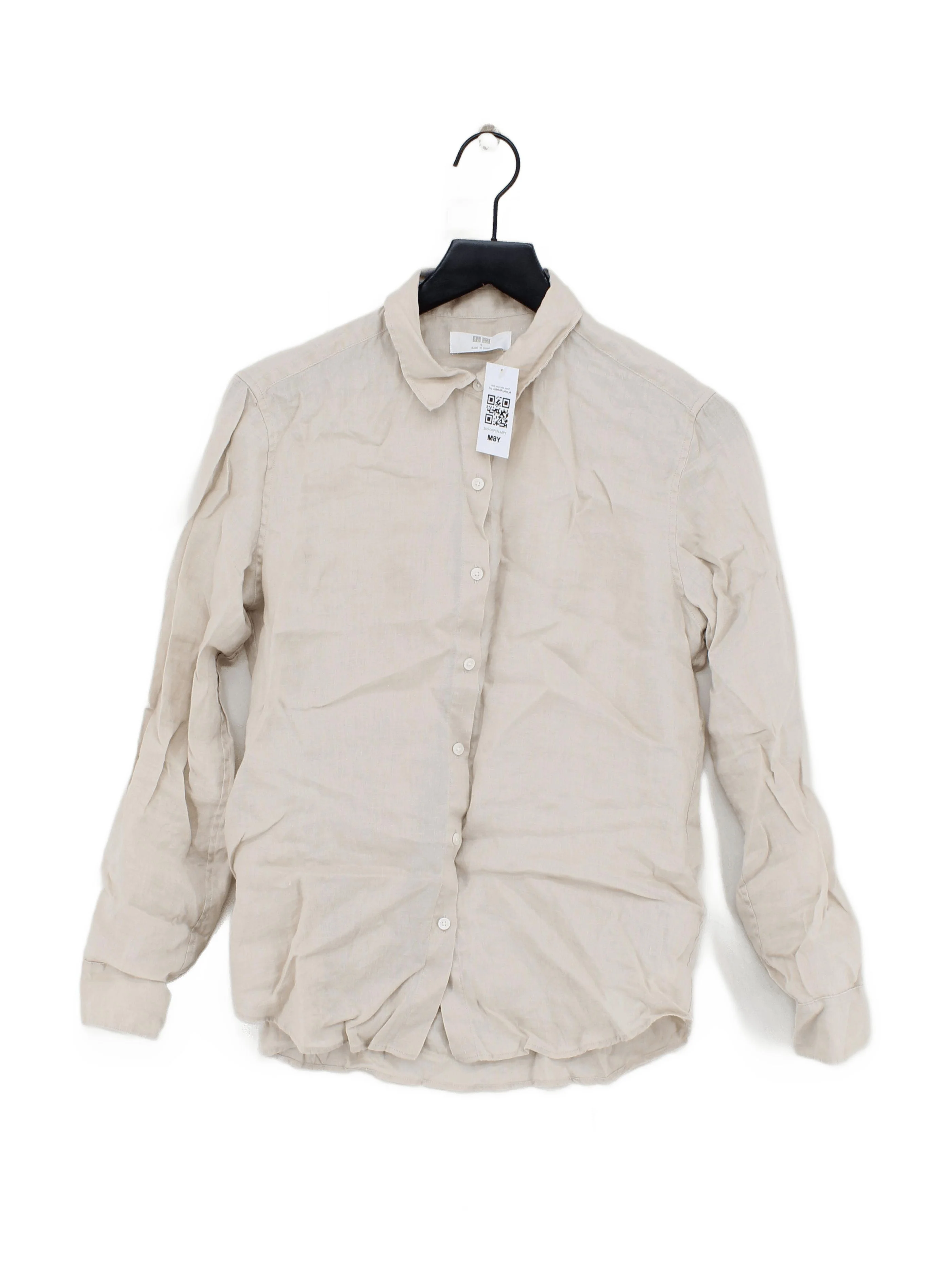 Uniqlo Women's Shirt S Cream 100% Linen Long Sleeve Collared Basic