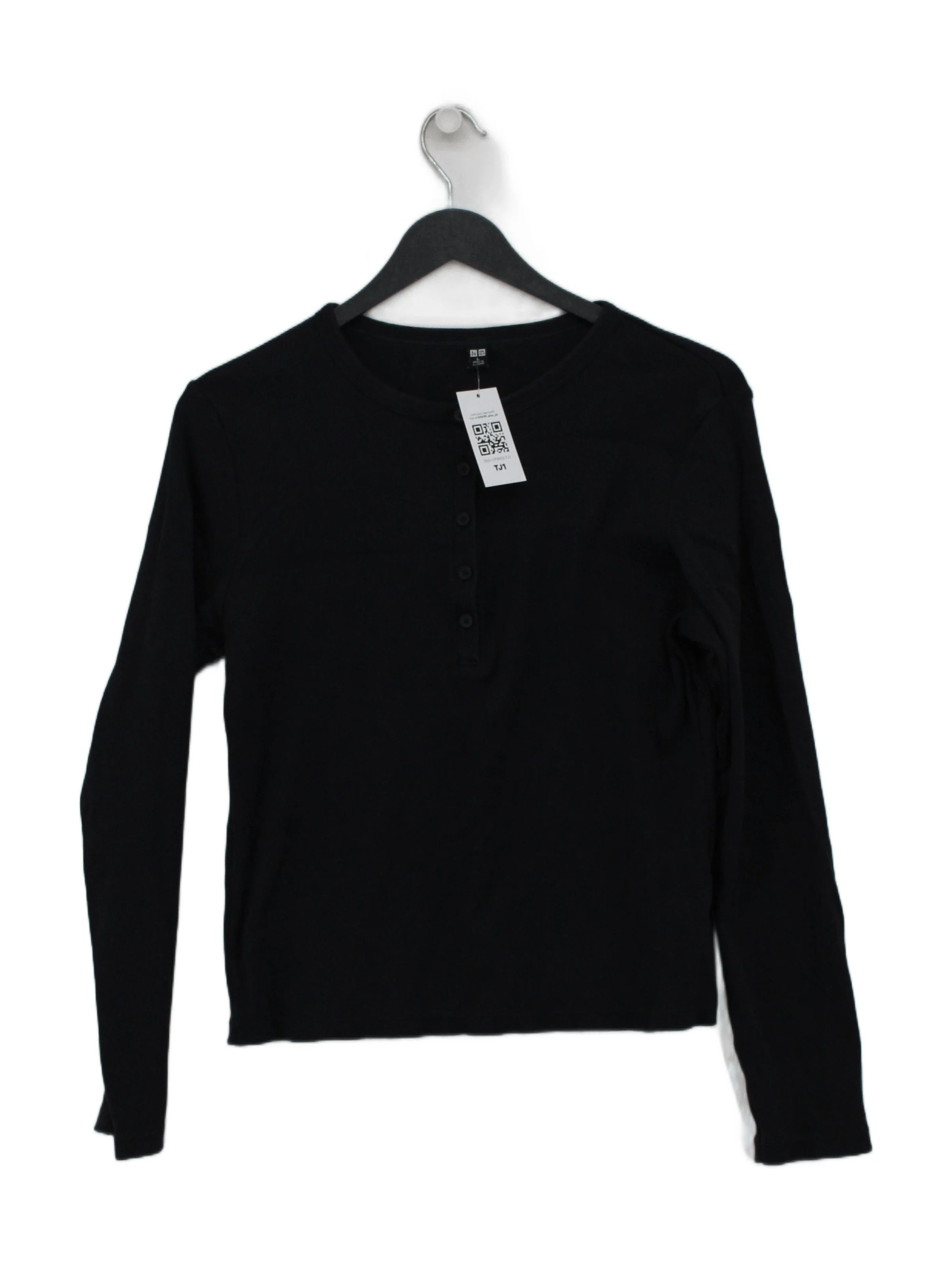 Uniqlo Women's Top L Black Cotton with Elastane Long Sleeve Crew Neck Jersey