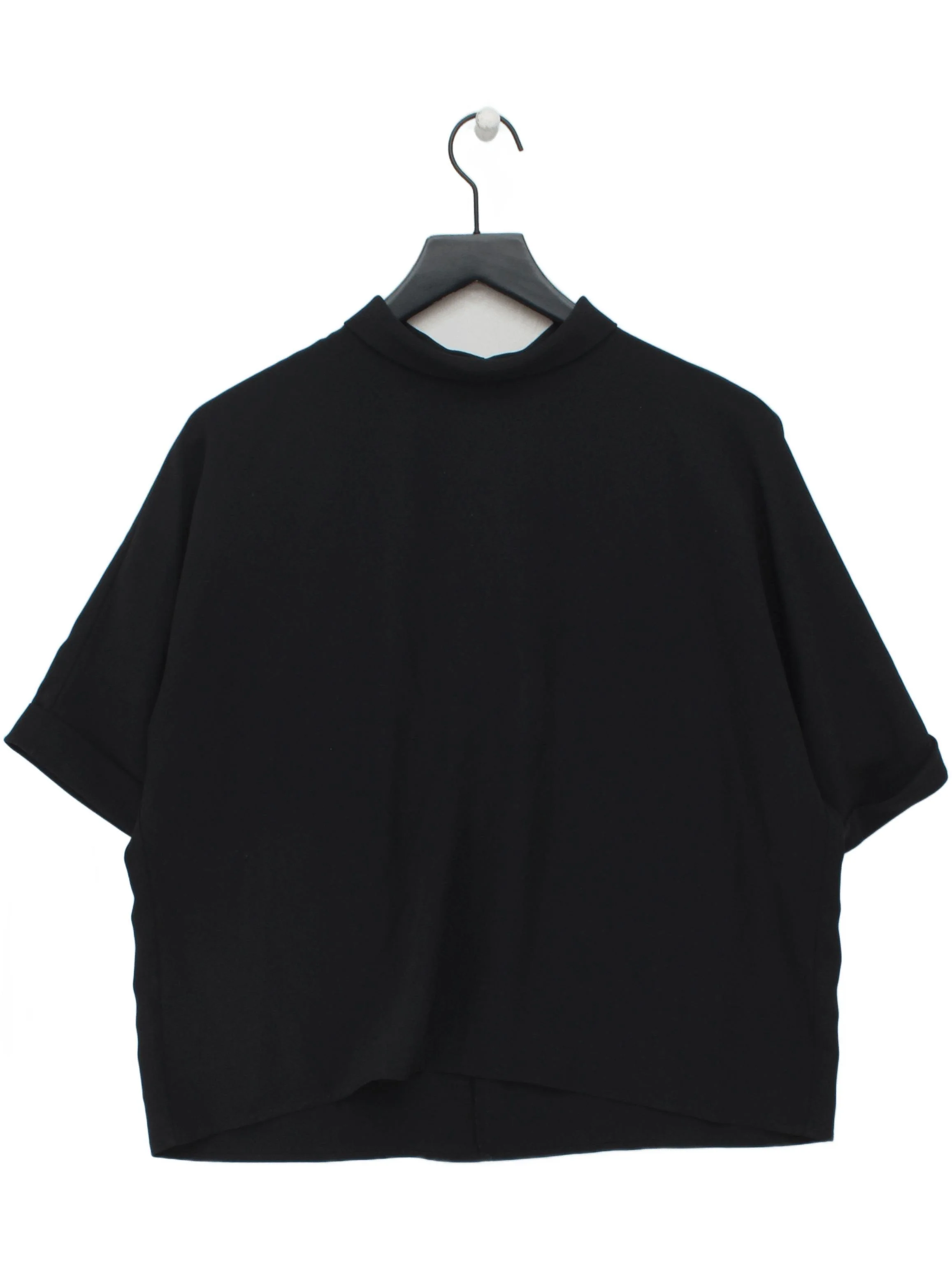 Uniqlo Women's Top M Black Polyester with Other Short Sleeve Collared Cropped