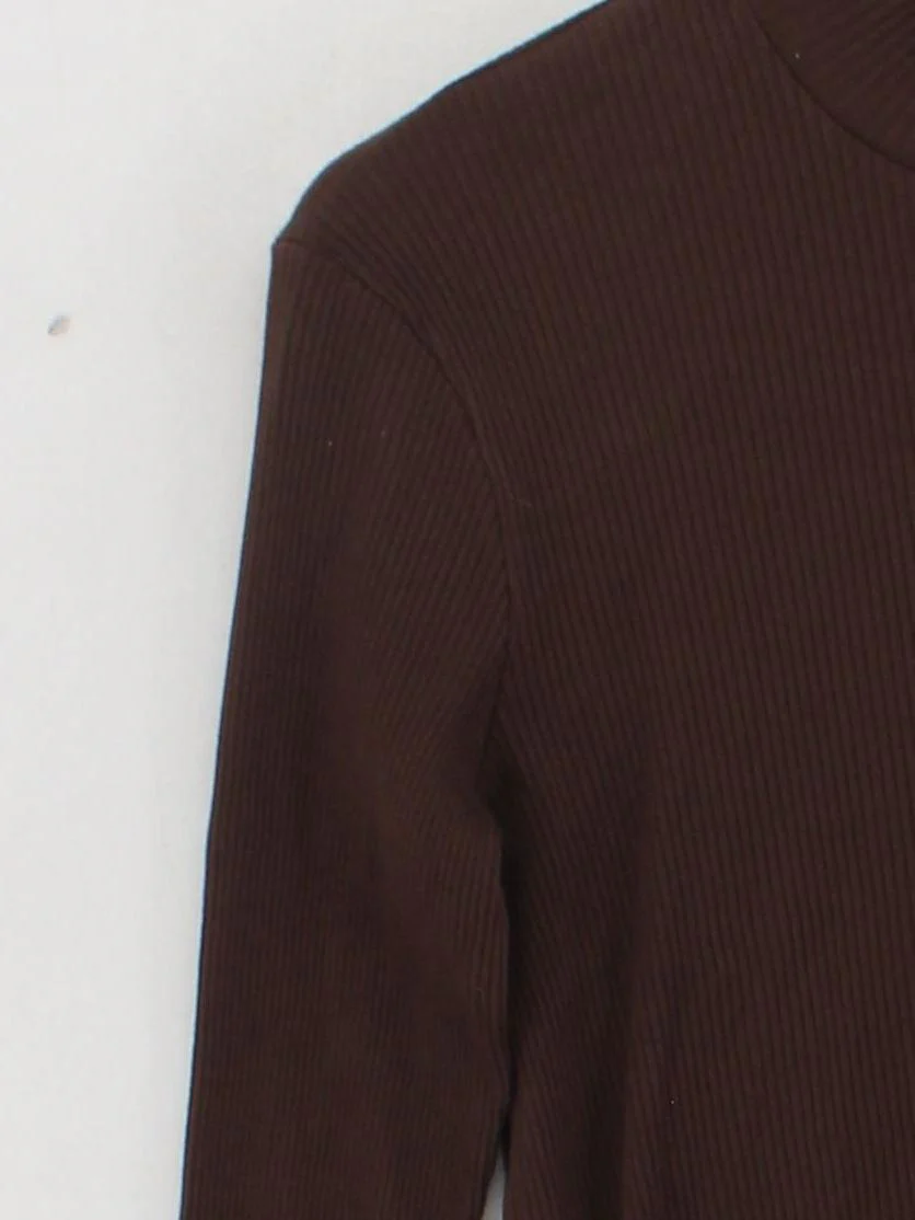 Uniqlo Women's Top M Brown Cotton with Elastane Long Sleeve Mock Neck Basic - Image 4