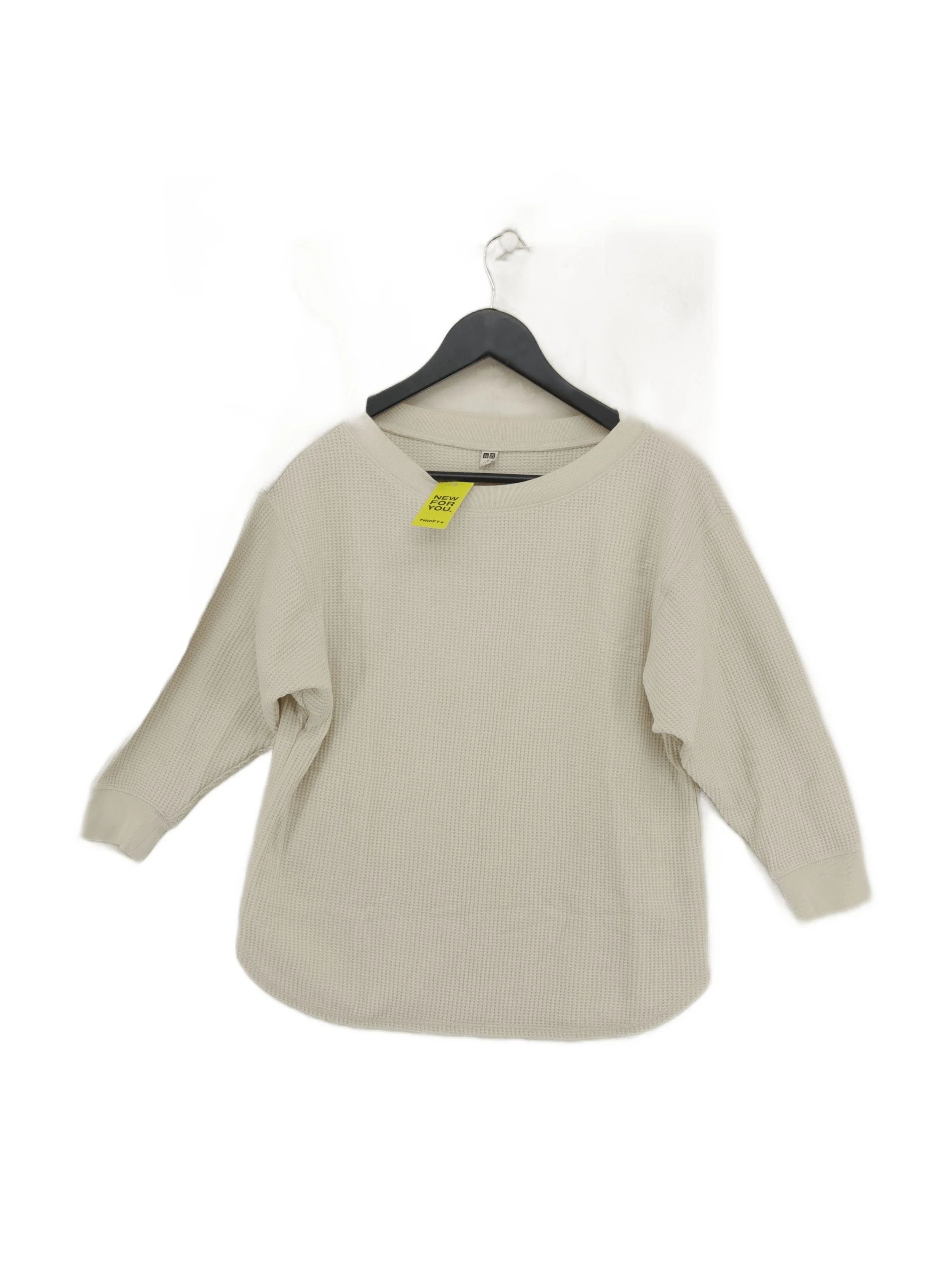 Uniqlo Women's Top S Cream Cotton with Polyester 3/4 Sleeve Round Neck Basic