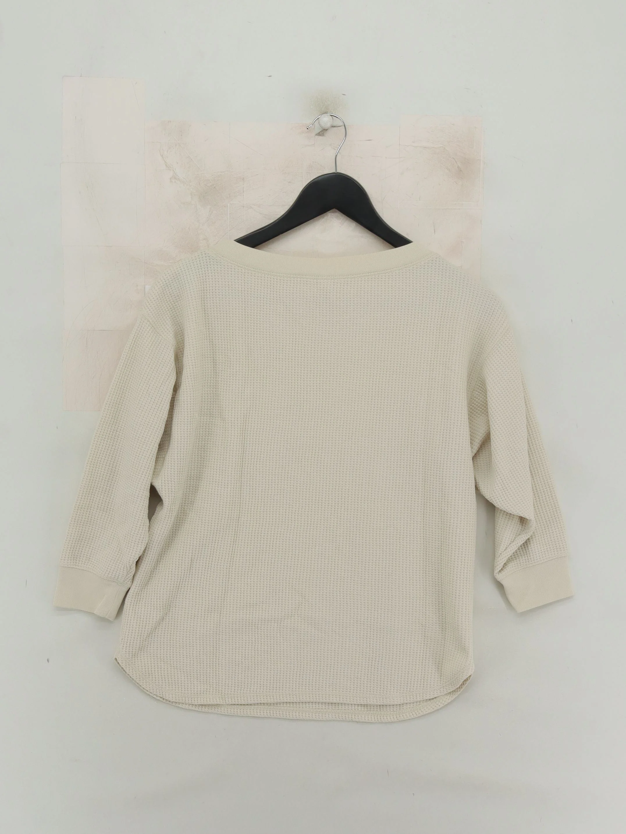 Uniqlo Women's Top S Cream Cotton with Polyester 3/4 Sleeve Round Neck Basic - Image 2