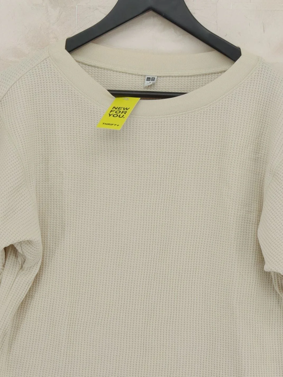 Uniqlo Women's Top S Cream Cotton with Polyester 3/4 Sleeve Round Neck Basic - Image 3