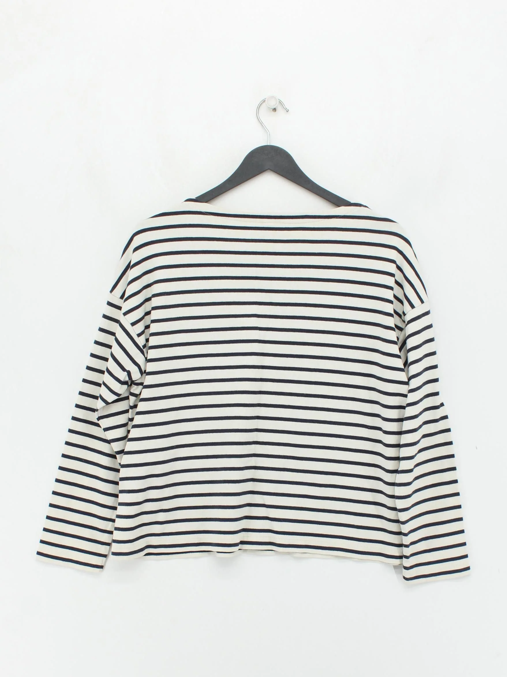 Uniqlo Women's Top S Cream Striped 100% Cotton Long Sleeve Round Neck Basic - Image 2