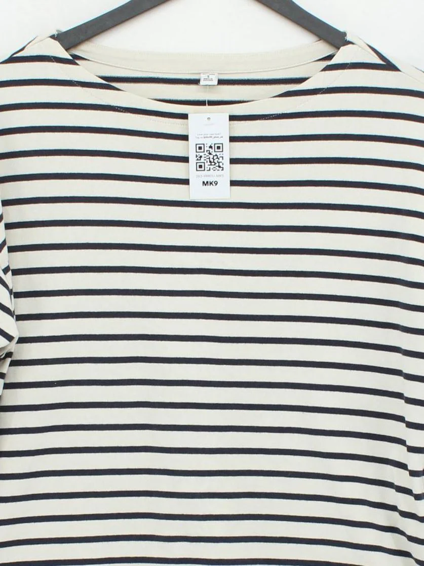 Uniqlo Women's Top S Cream Striped 100% Cotton Long Sleeve Round Neck Basic - Image 3