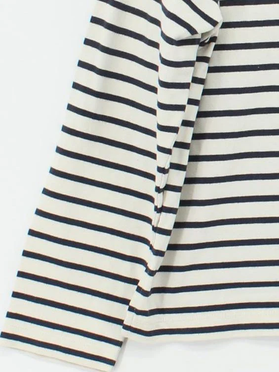 Uniqlo Women's Top S Cream Striped 100% Cotton Long Sleeve Round Neck Basic - Image 4