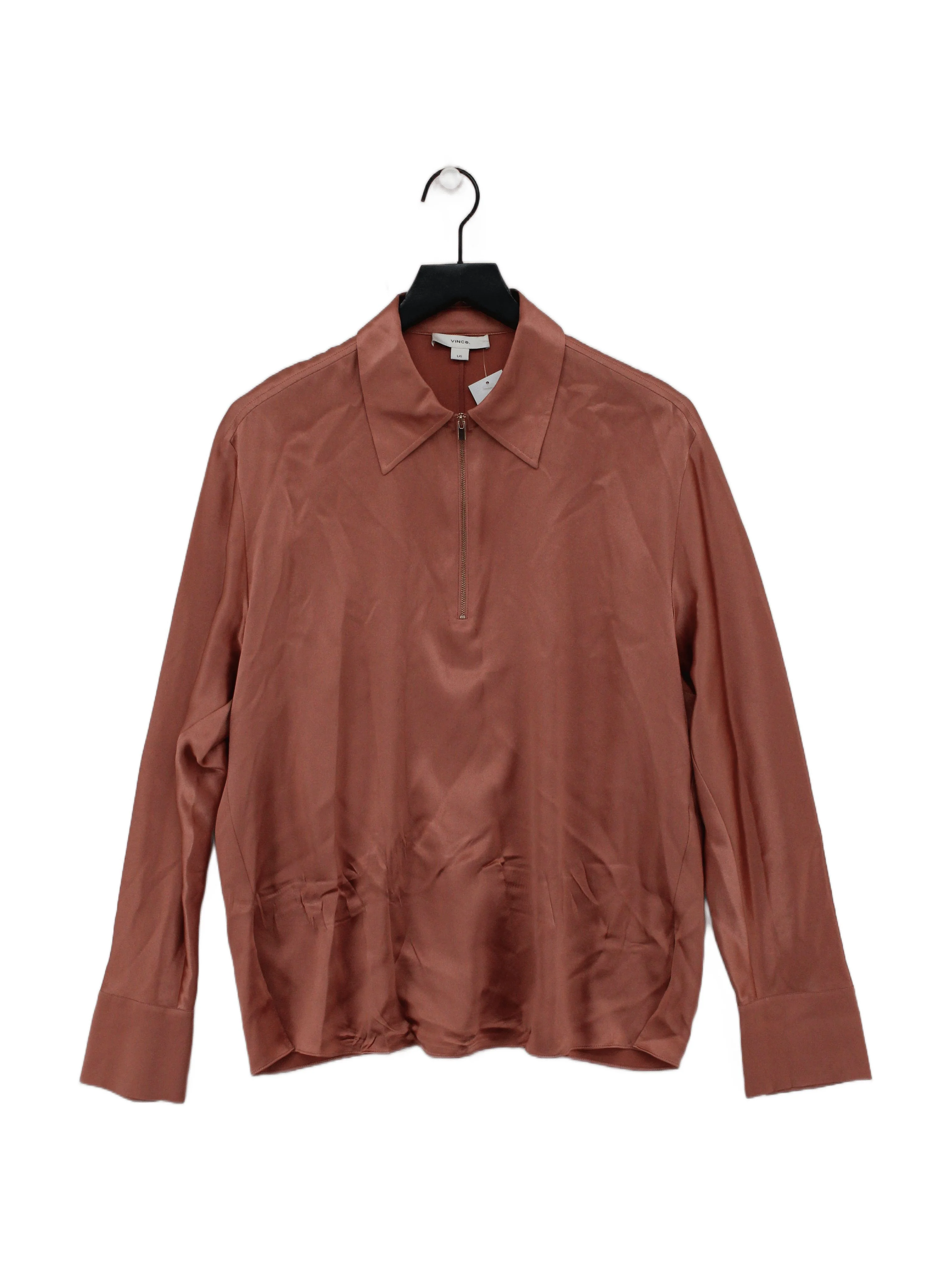 Vince Women's Blouse L Tan 100% Silk Long Sleeve Collared Basic