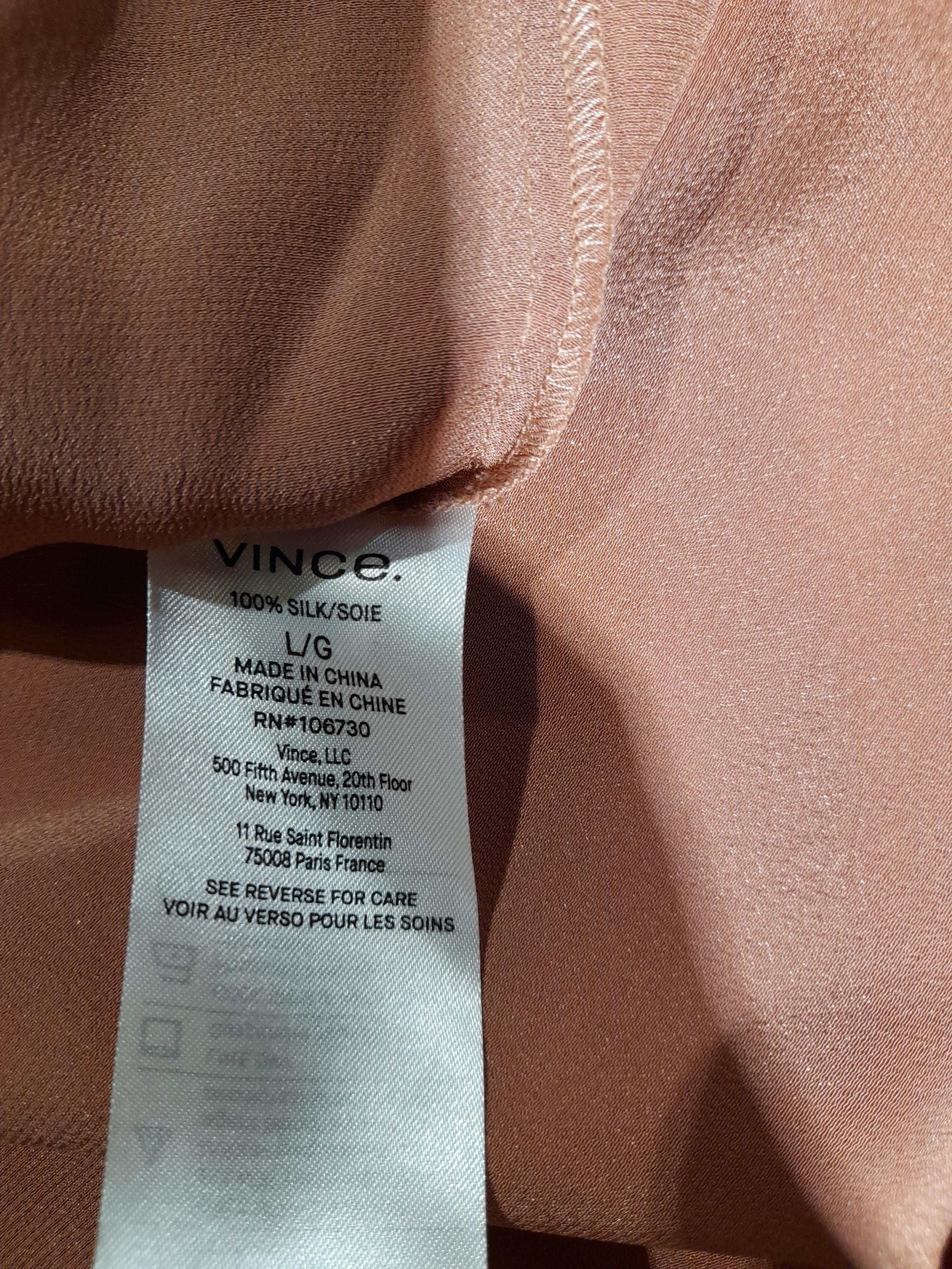 Vince Women's Blouse L Tan 100% Silk Long Sleeve Collared Basic - Image 6