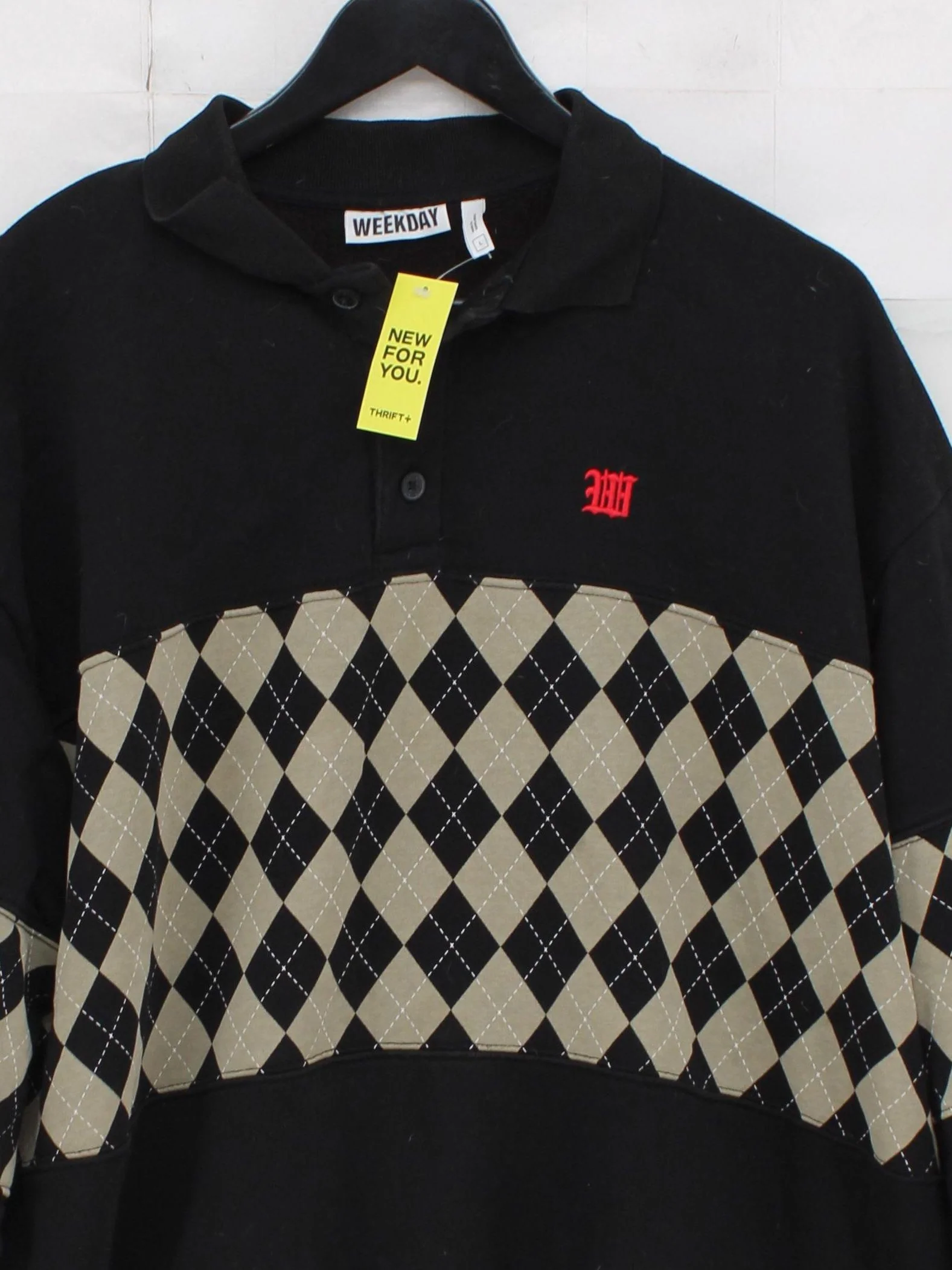 Weekday Men's Polo L Black Argyle Cotton with Polyester Basic - Image 3
