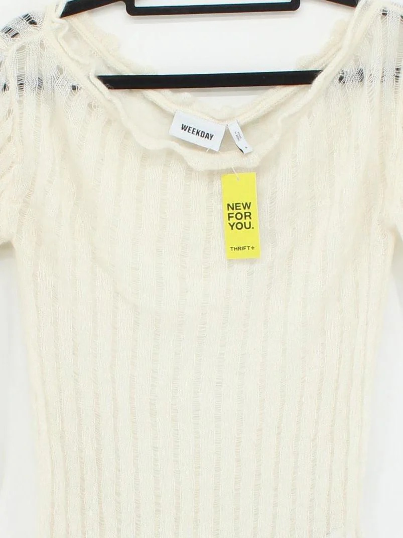 Weekday Women's Top S Cream Polyamide with Wool Long Sleeve Round Neck Basic - Image 3