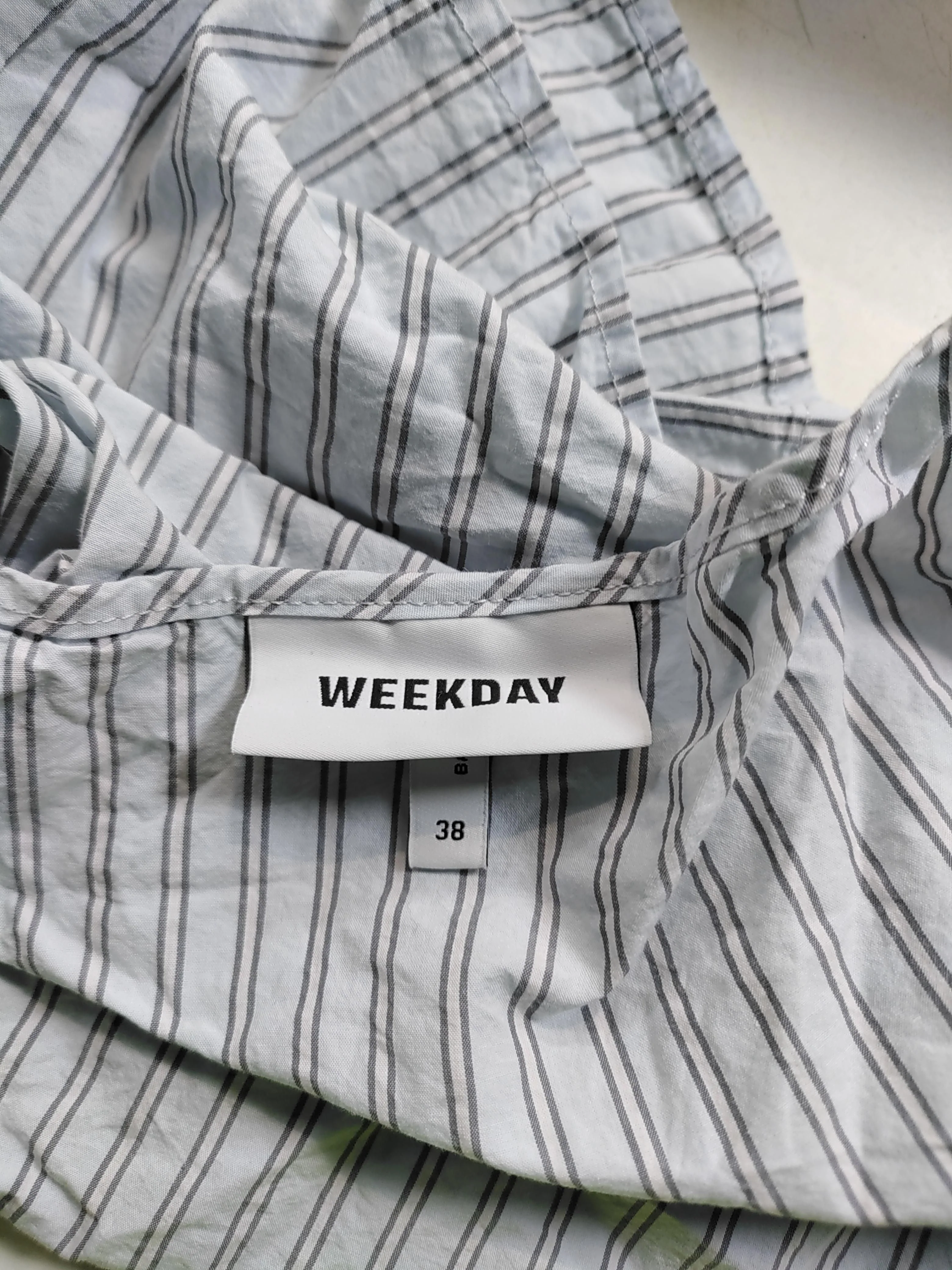 Weekday Women's Top UK 10 Blue Striped 100% Cotton Sleeveless V-Neck Basic - Image 5