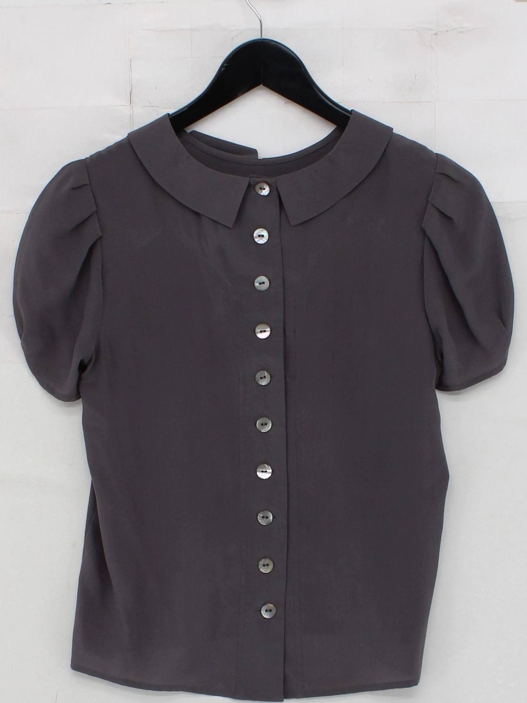 Whistles Women's Blouse UK 10 Grey 100% Silk Short Sleeve Collared Basic - Image 2