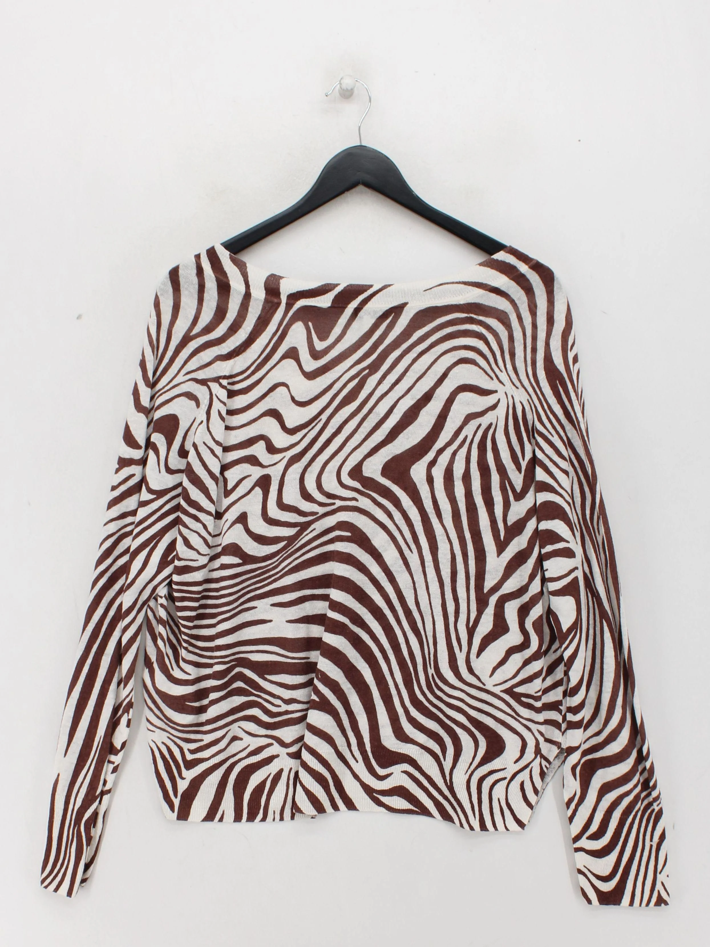 Whistles Women's Jumper L Brown Animal Print 100% Linen V-Neck Pullover - Image 2