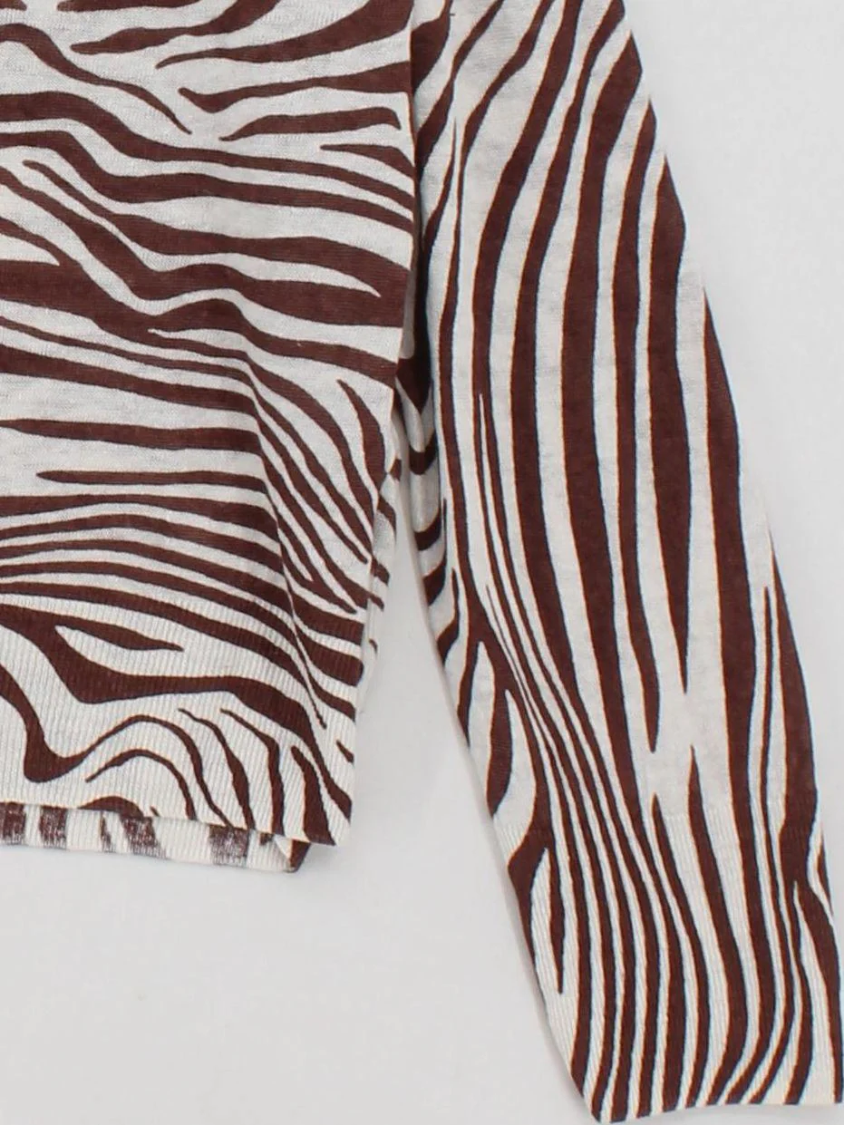 Whistles Women's Jumper L Brown Animal Print 100% Linen V-Neck Pullover - Image 4