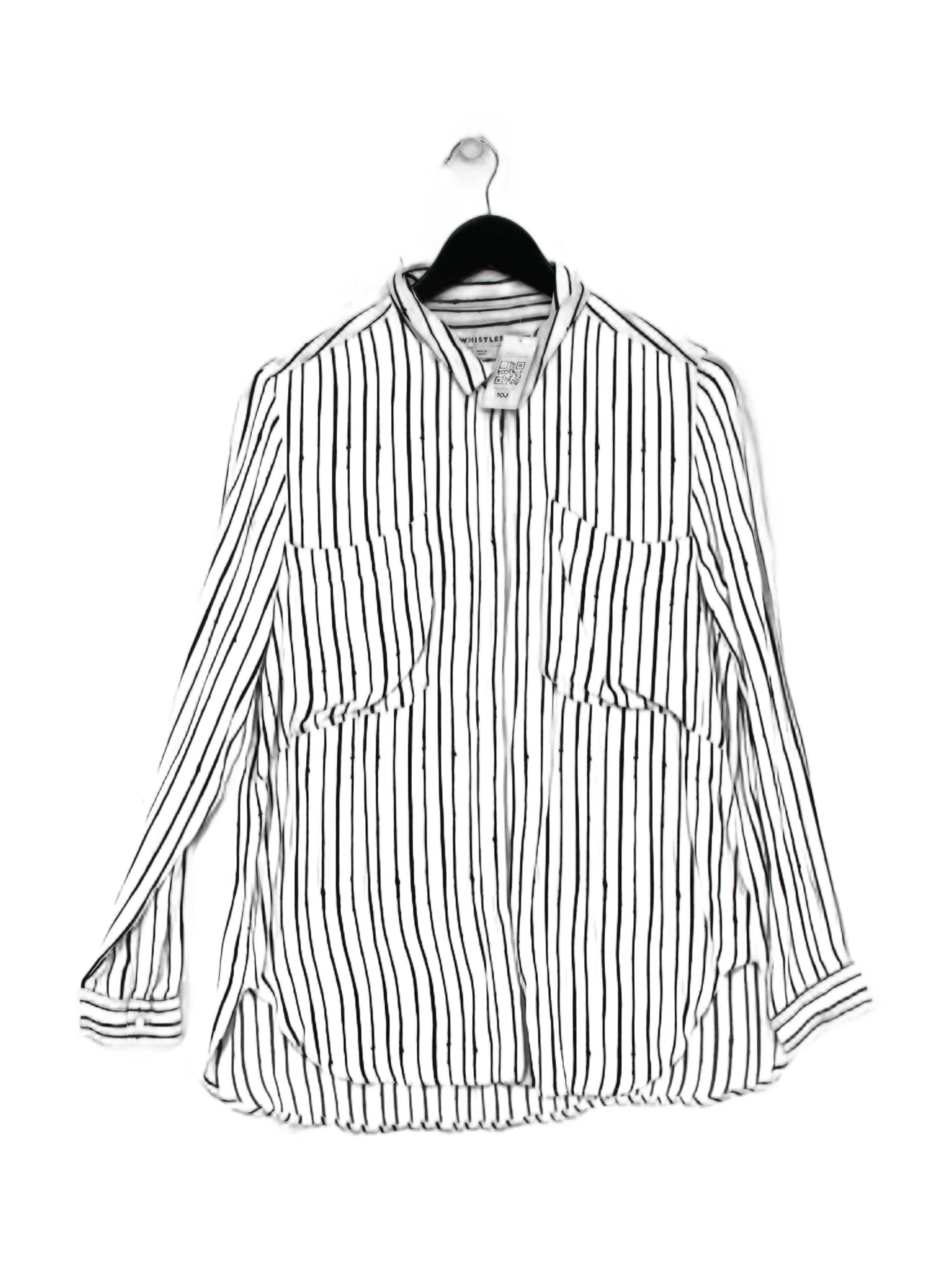 Whistles Women's Shirt M White Striped 100% Viscose Long Sleeve Collared Basic