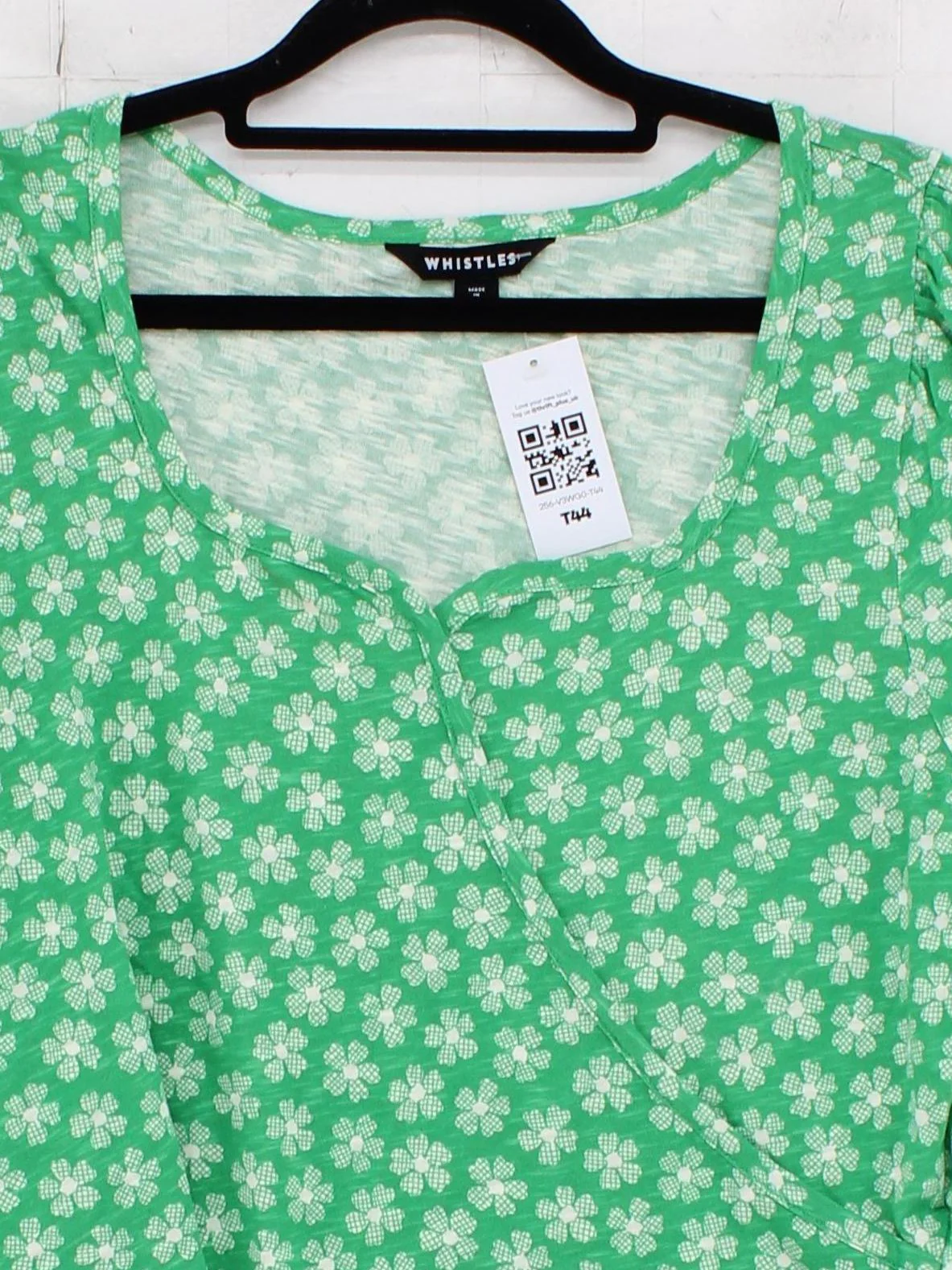 Whistles Women's T-Shirt S Green Floral 100% Cotton Short Sleeve V-Neck Basic - Image 3