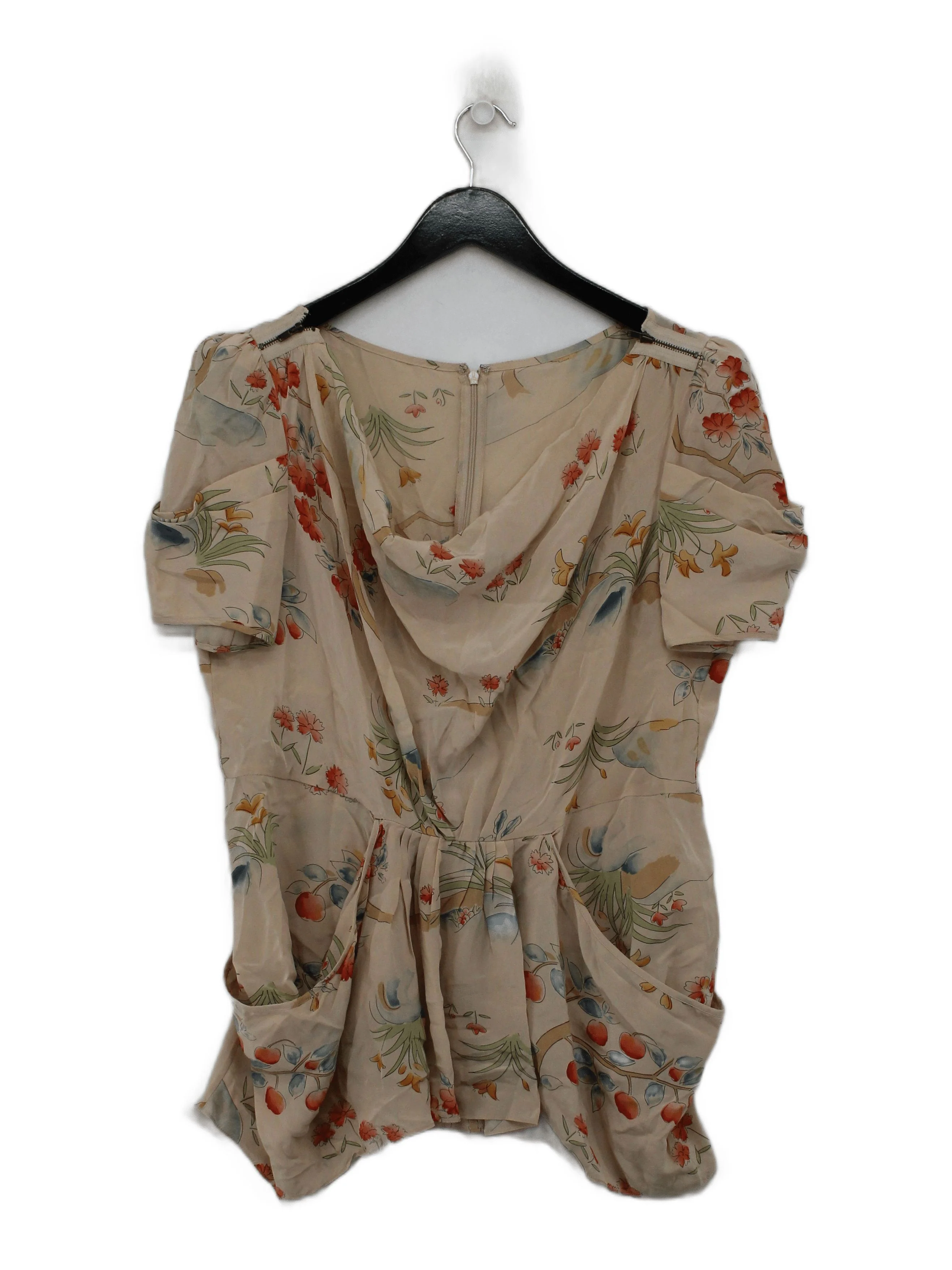 Whistles Women's Top UK 12 Cream Floral 100% Silk Short Sleeve Round Neck Basic