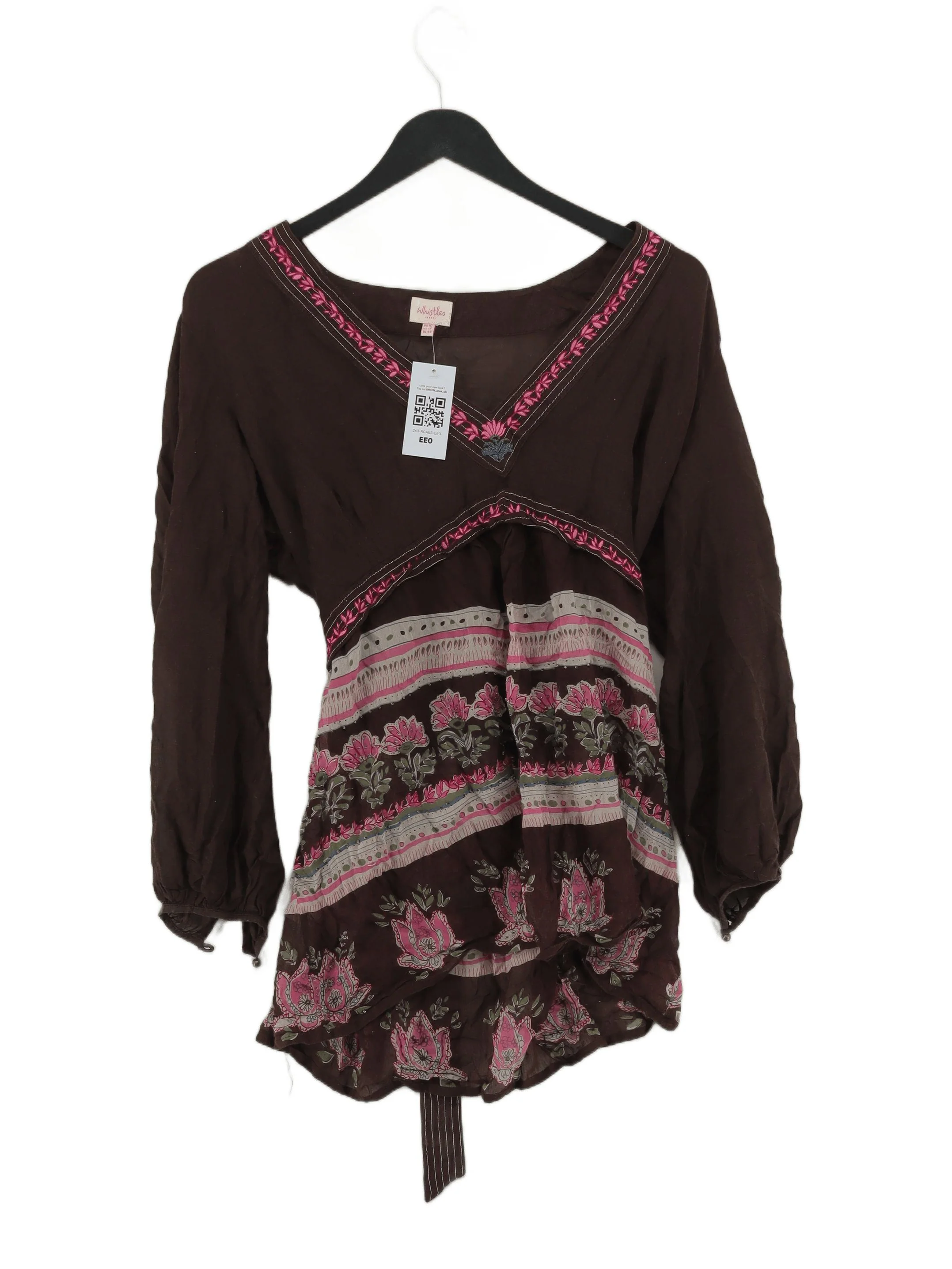 Whistles Women's Top UK 16 Brown Floral 100% Other Long Sleeve V-Neck Tunic