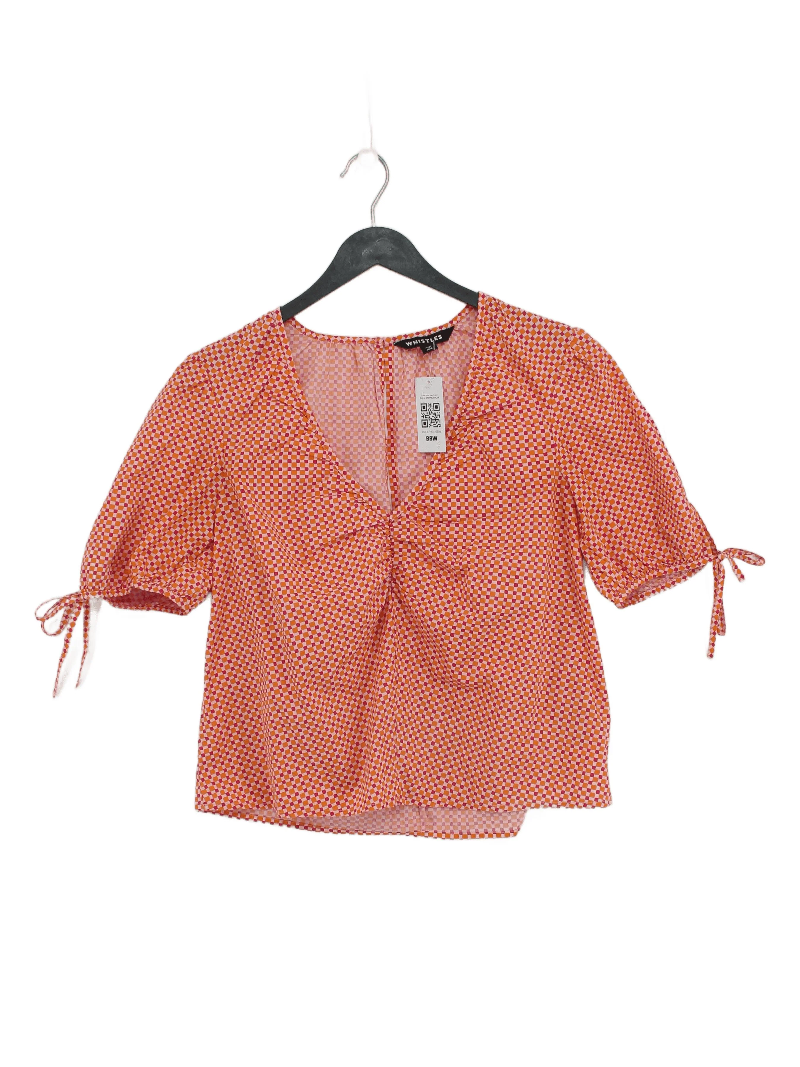 Whistles Women's Top UK 8 Multi Geometric 100% Cotton Short Sleeve V-Neck Basic