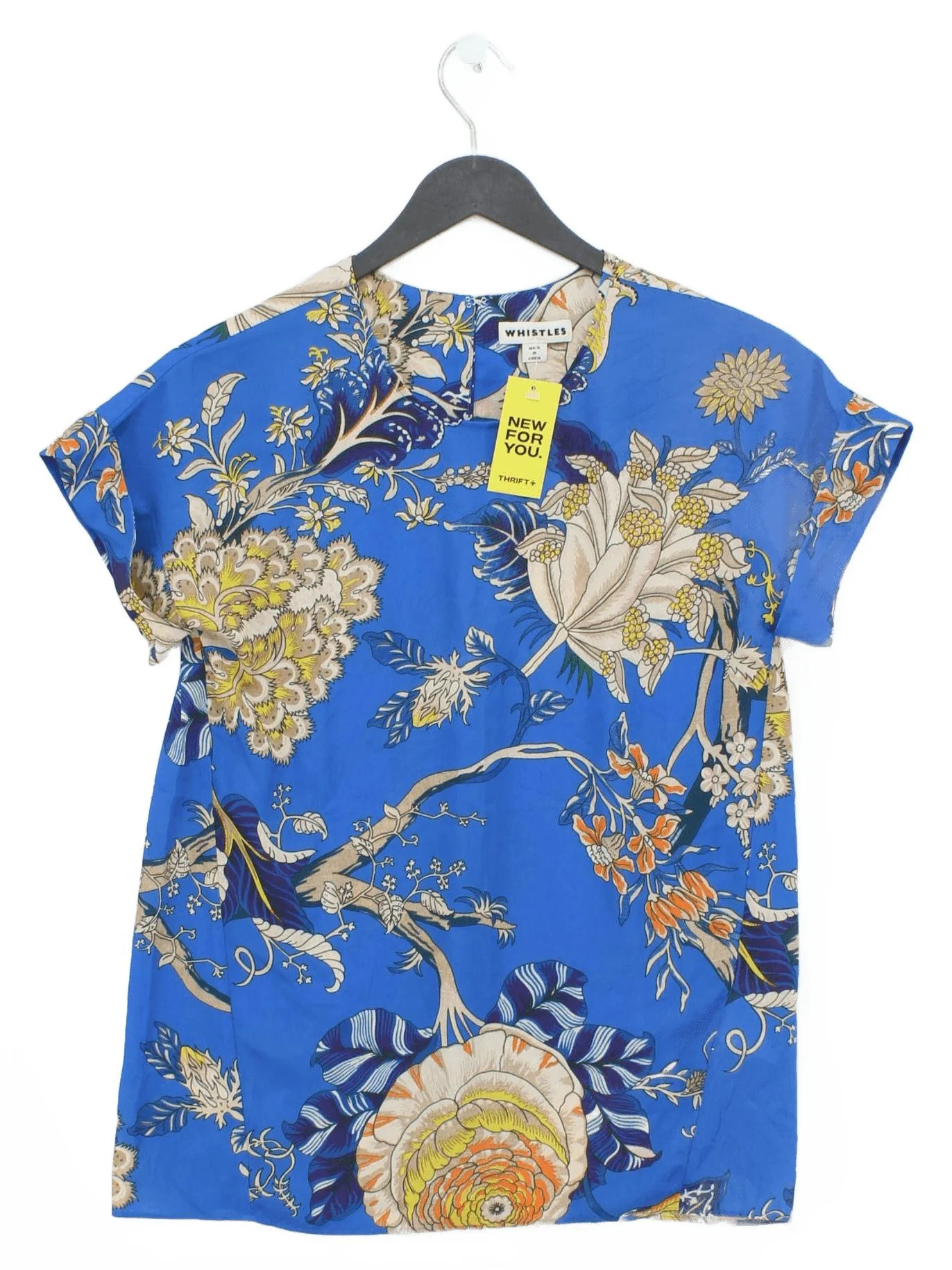 Whistles Women's Top XS Blue Floral 100% Viscose Short Sleeve Round Neck Basic