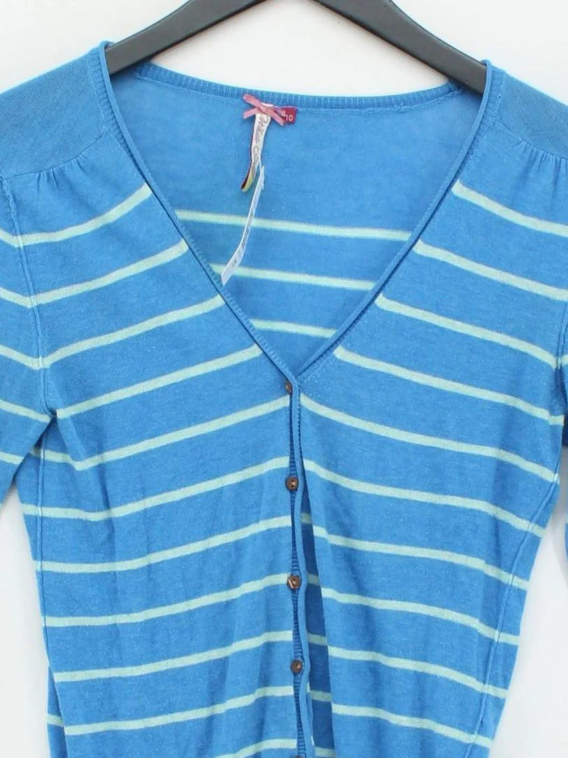 White Stuff Women's Cardigan UK 10 Blue Striped 100% Cotton V-Neck Cardigan - Image 3