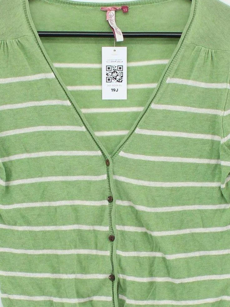 White Stuff Women's Cardigan UK 12 Green Striped 100% Cotton V-Neck Cardigan - Image 3