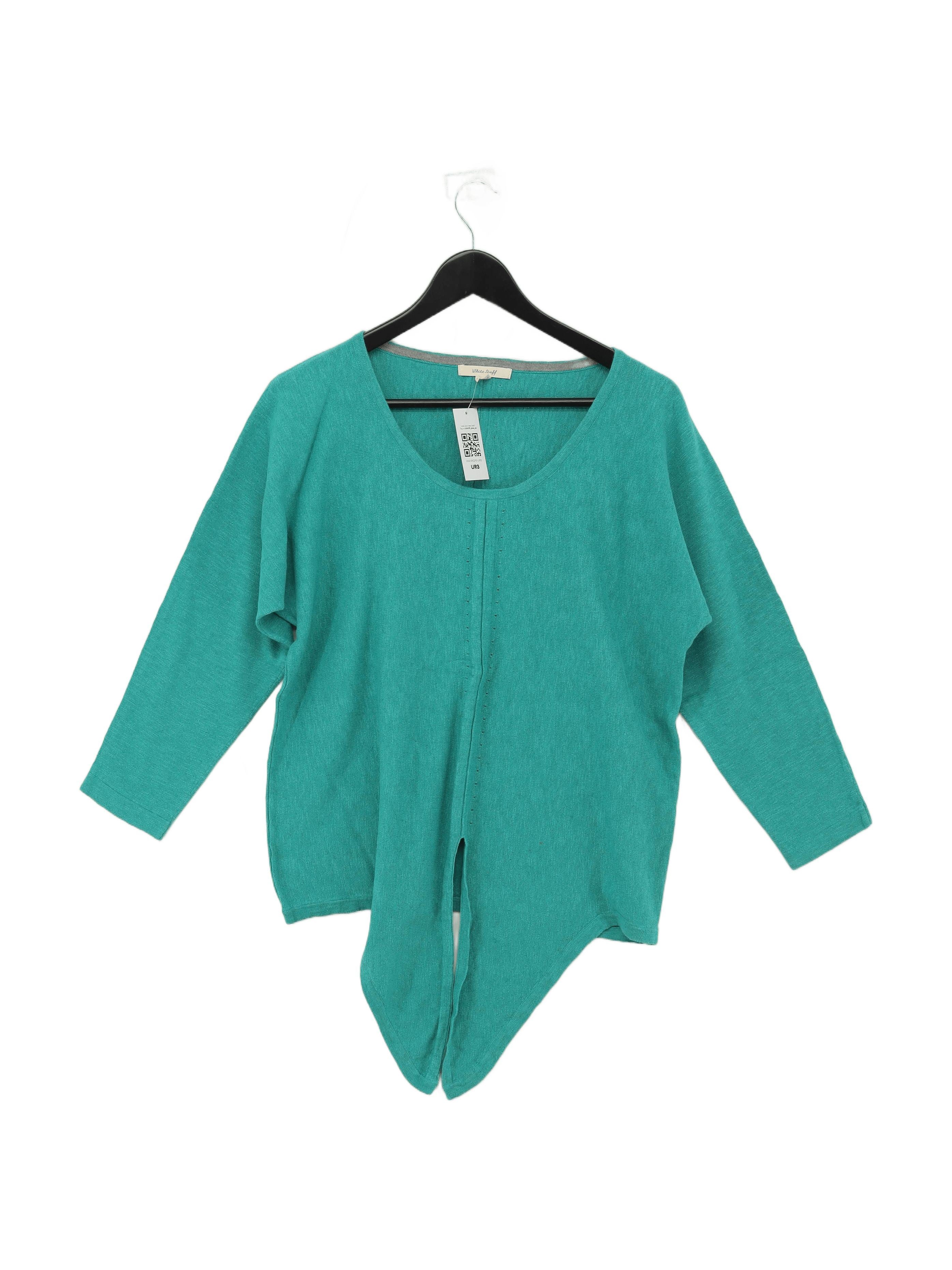 White Stuff Women's Jumper UK 14 Green Cotton with Linen V-Neck Pullover