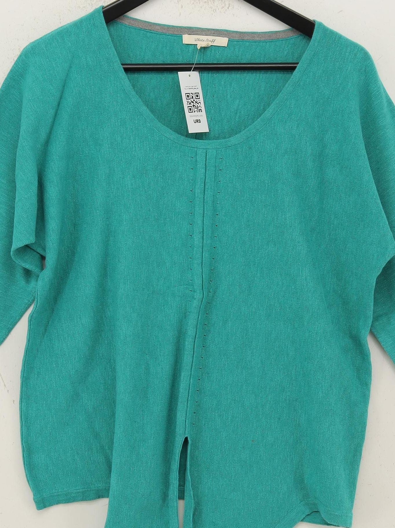 White Stuff Women's Jumper UK 14 Green Cotton with Linen V-Neck Pullover - Image 3