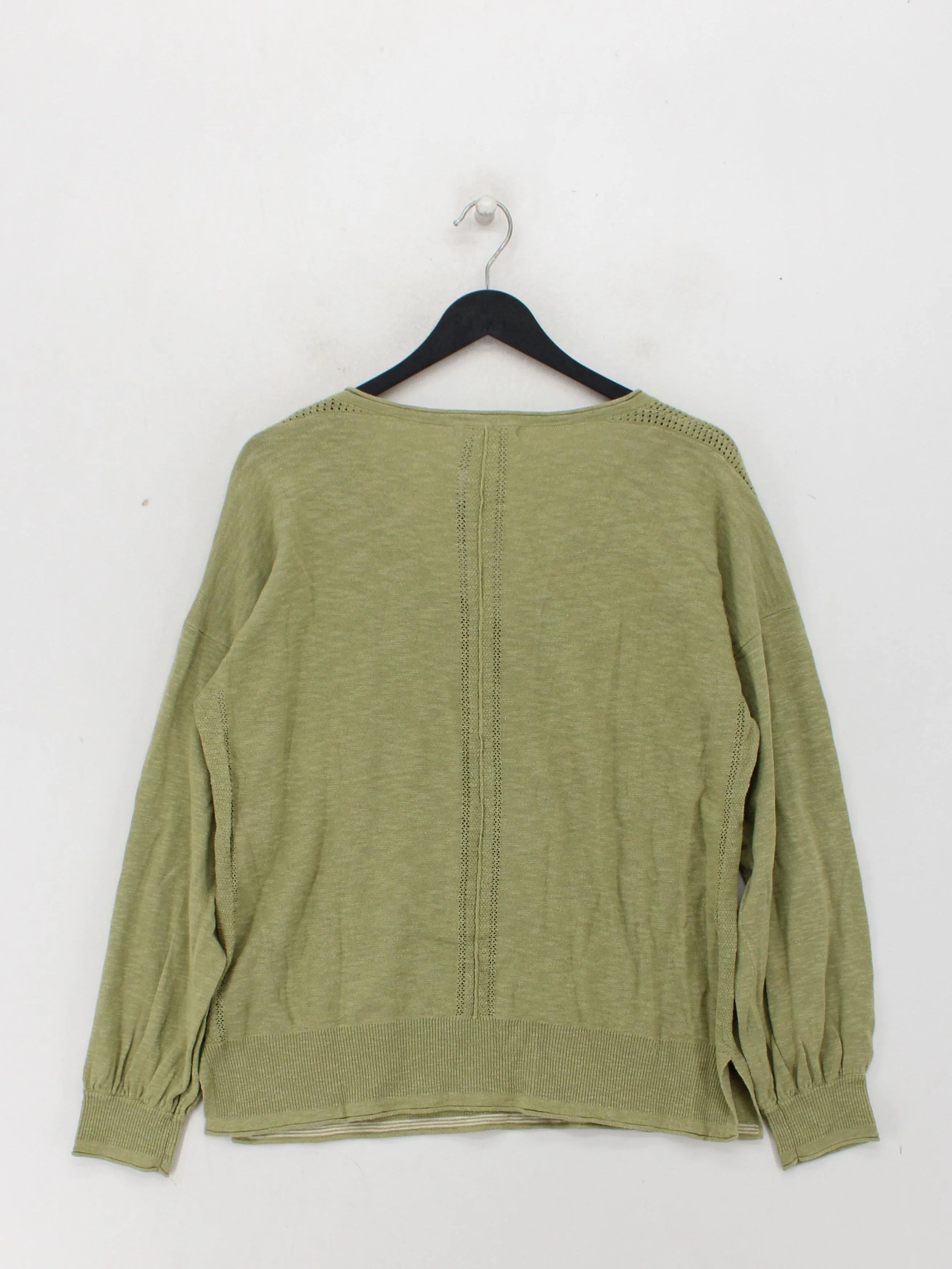 White Stuff Women's Jumper UK 16 Green Cotton with Linen V-Neck Pullover - Image 2